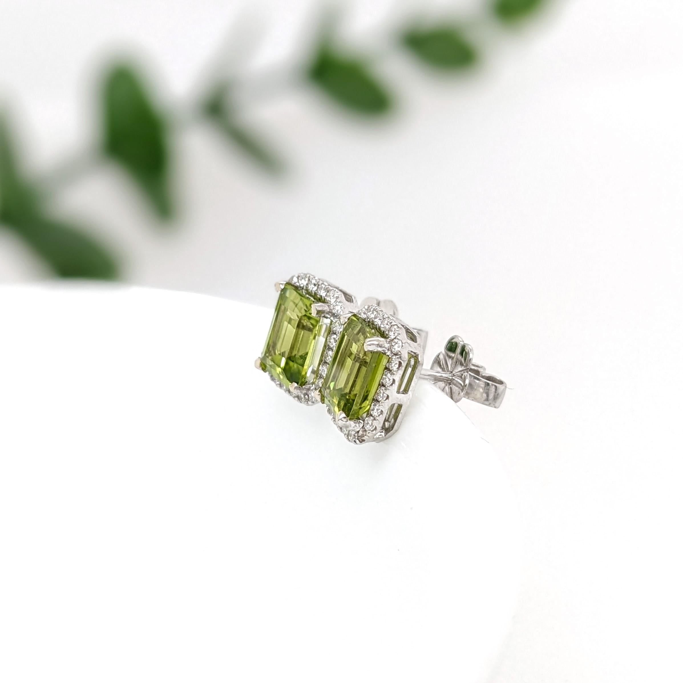 Peridot Stud Earrings w Natural Diamond Halo in Solid 14K Gold | EM 7.5x5.5mm