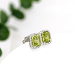 Peridot Stud Earrings w Natural Diamond Halo in Solid 14K Gold | EM 7.5x5.5mm