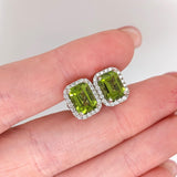 Peridot Stud Earrings w Natural Diamond Halo in Solid 14K Gold | EM 7.5x5.5mm