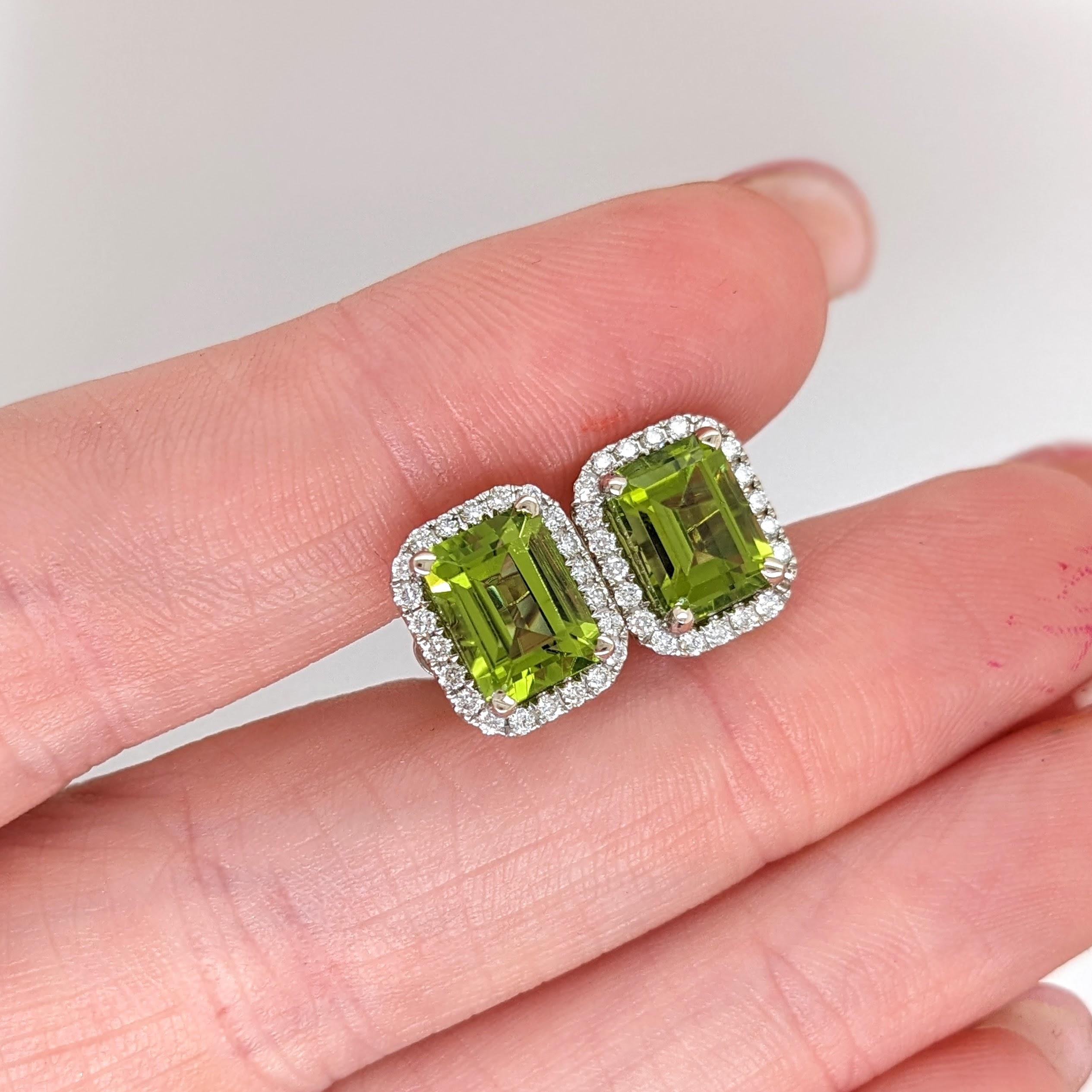 Peridot Stud Earrings w Natural Diamond Halo in Solid 14K Gold | EM 7.5x5.5mm