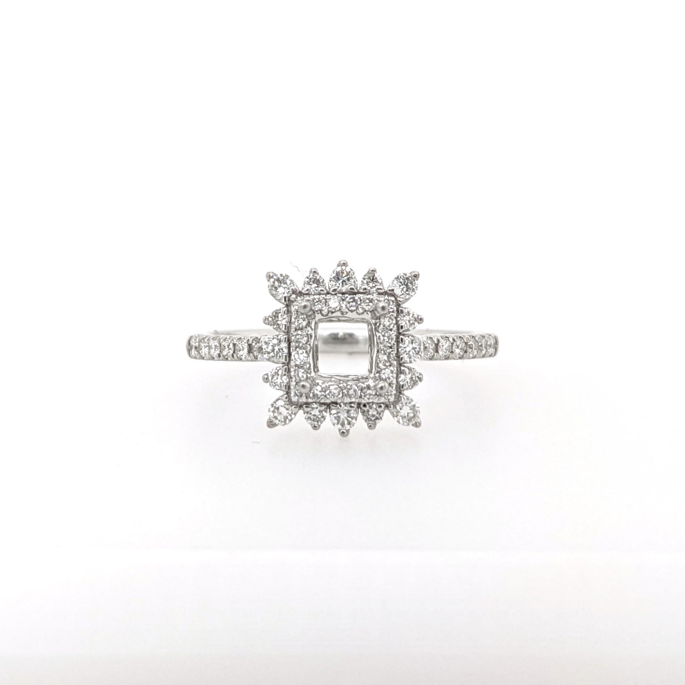 Ring Semi Mount w Earth Mined Diamonds in Solid 14K Gold | Princess Cut 4mm