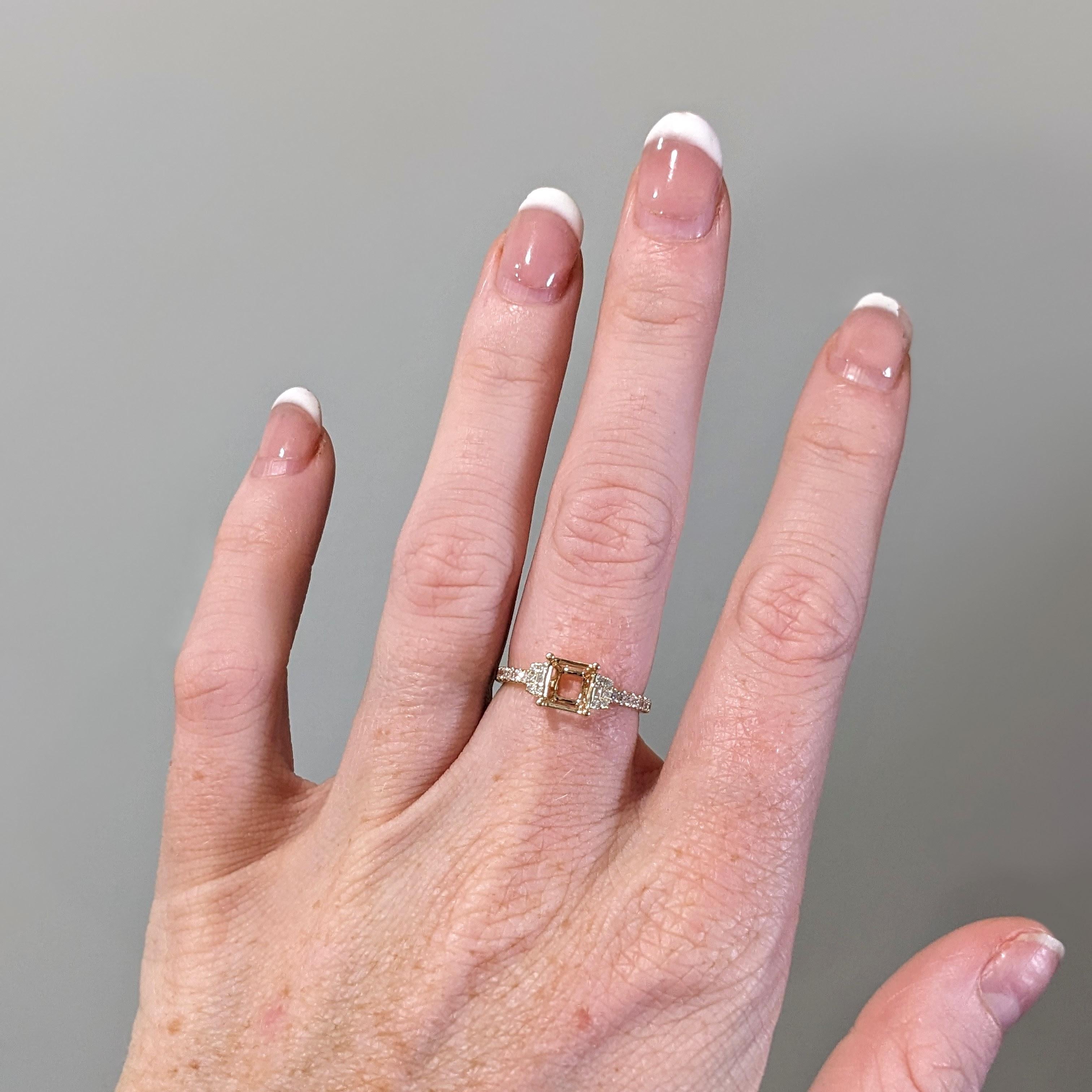 Ring Semi Mount w Earth Mined Diamonds in Solid 14K Gold | Emerald Cut 6mm