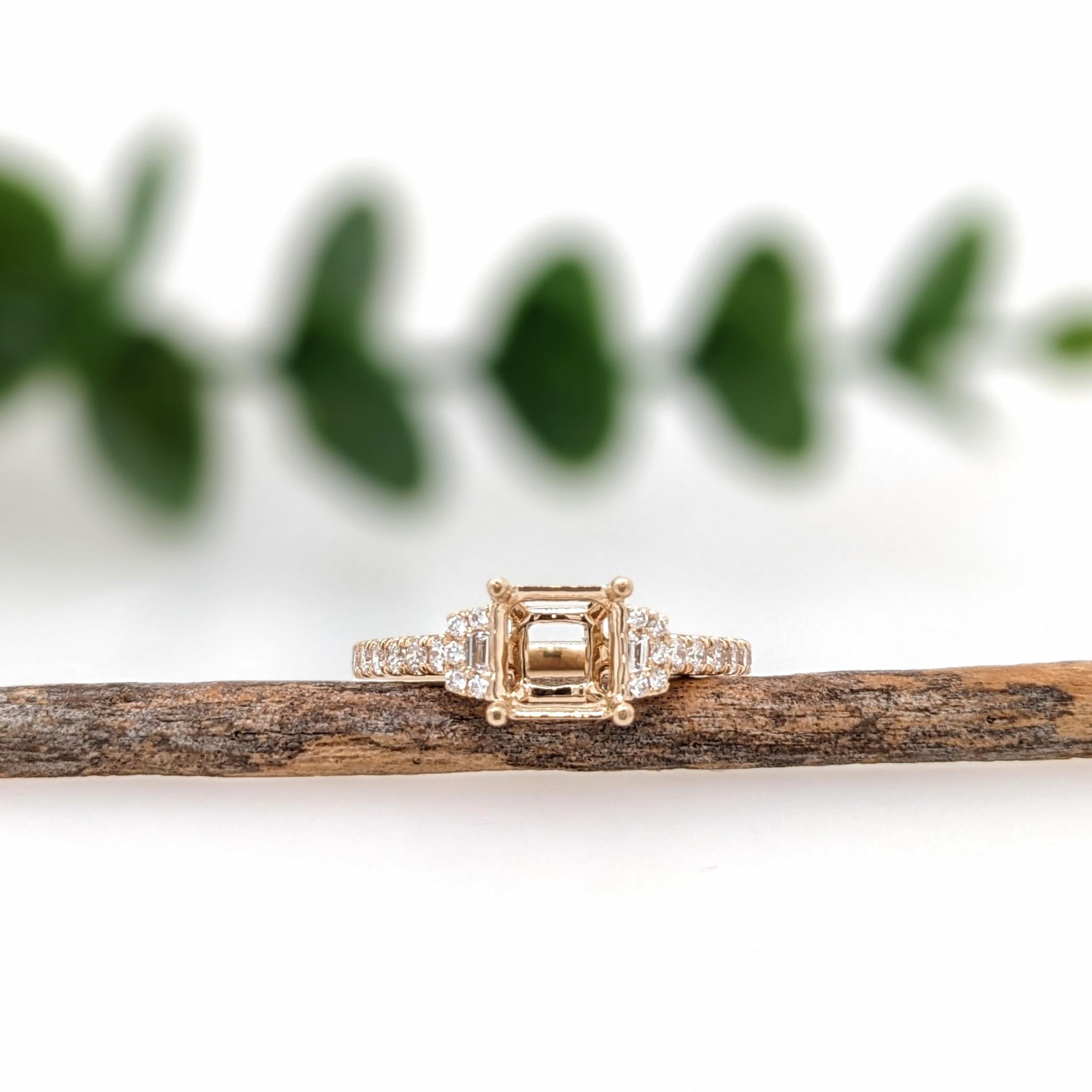 Ring Semi Mount w Earth Mined Diamonds in Solid 14K Gold | Emerald Cut 6mm