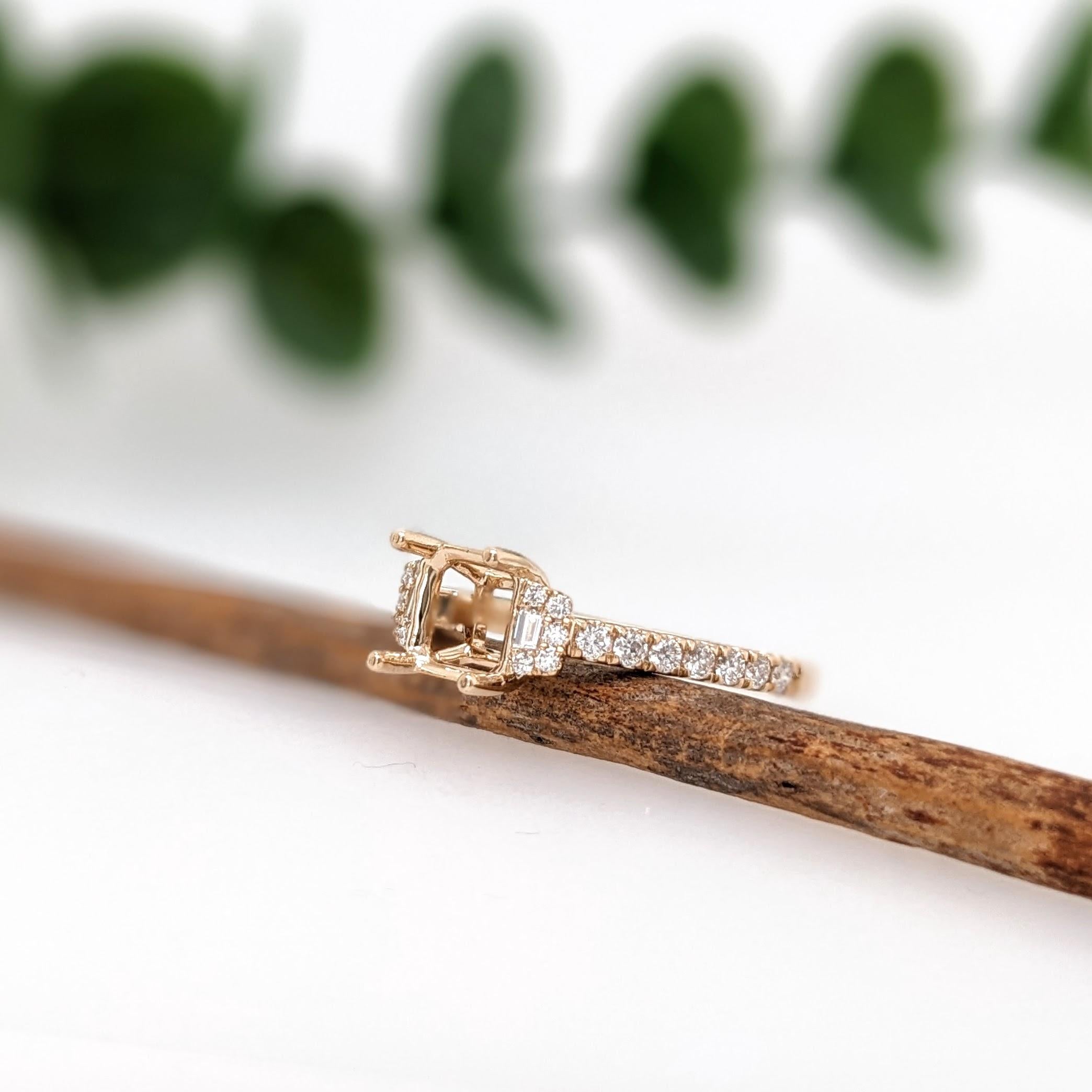 Ring Semi Mount w Earth Mined Diamonds in Solid 14K Gold | Emerald Cut 6mm