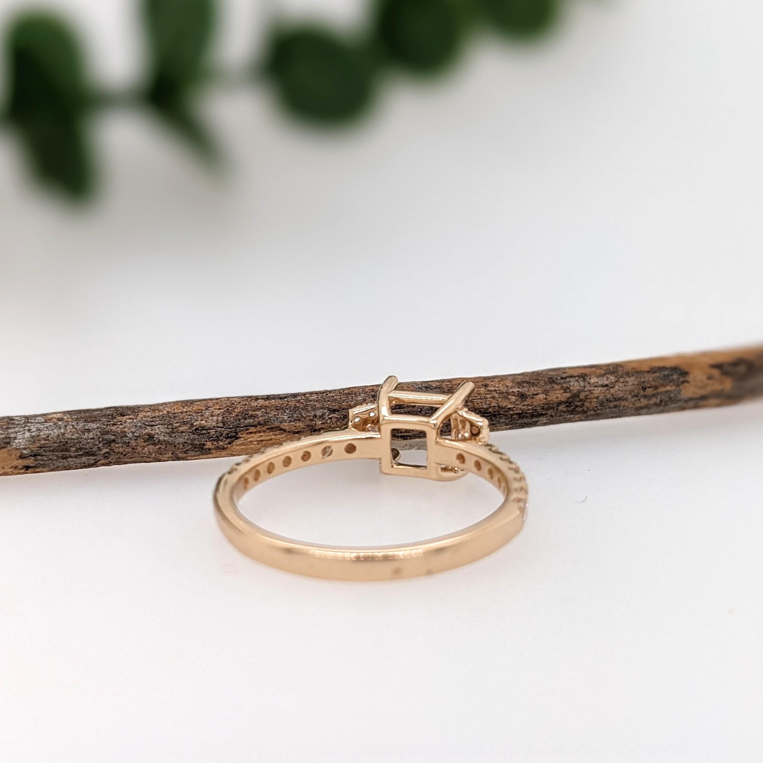 Ring Semi Mount w Earth Mined Diamonds in Solid 14K Gold | Emerald Cut 6mm