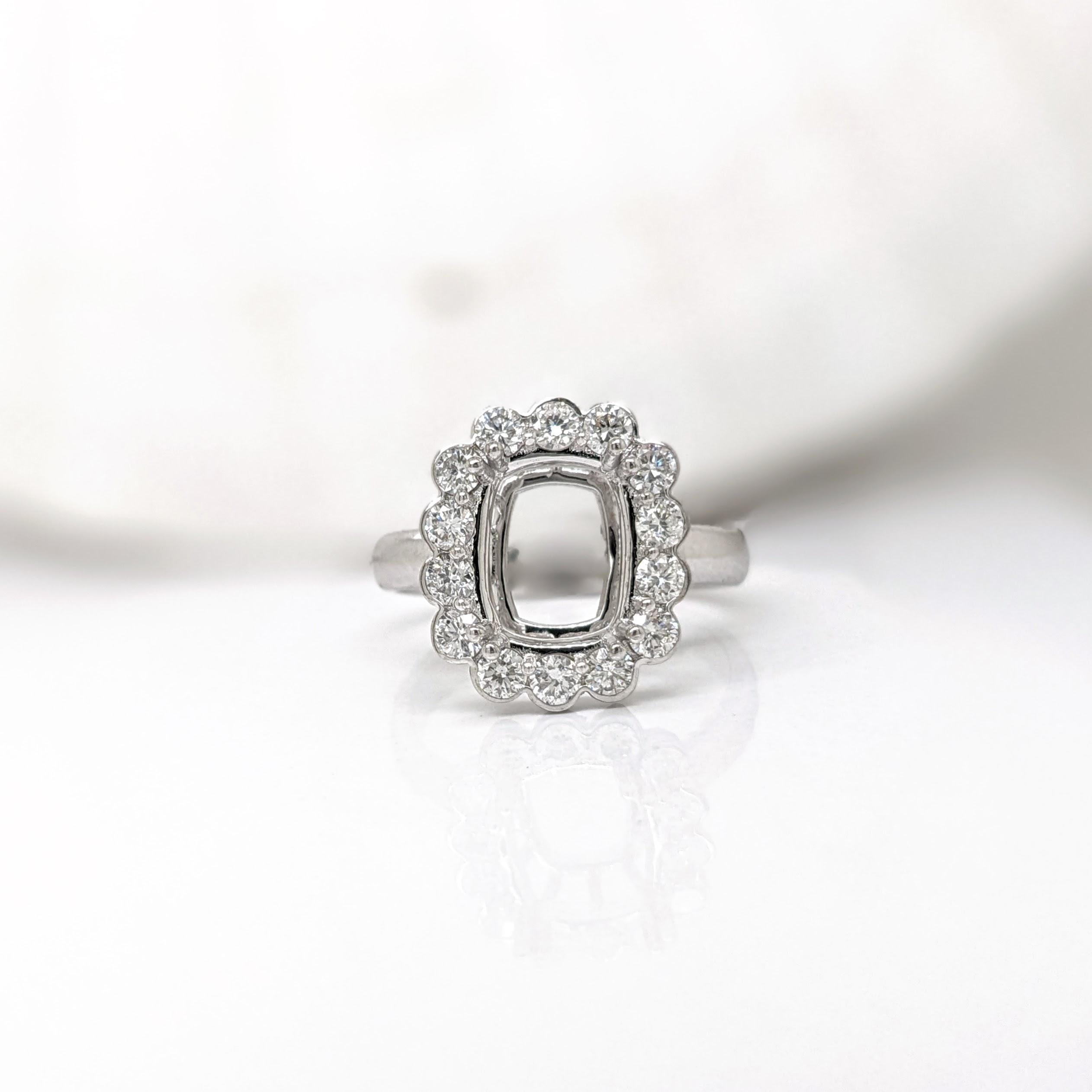 Ring Semi Mount w Earth Mined Diamonds in Solid 14K Gold | Cushion 9.5 x 7.5 mm