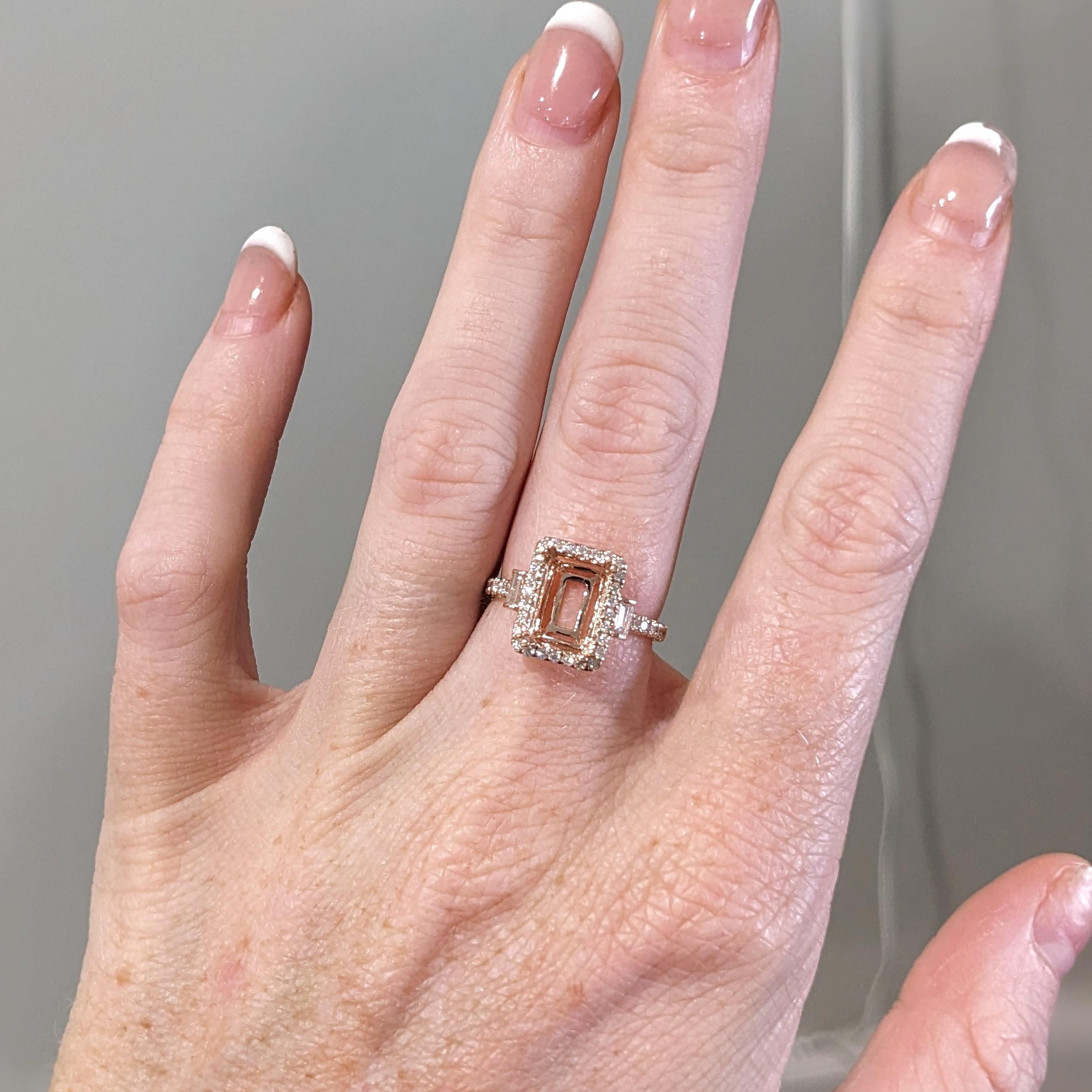 Ring Semi Mount w Earth Mined Diamonds in Solid 14K Gold | Emerald cut 9.5x7mm