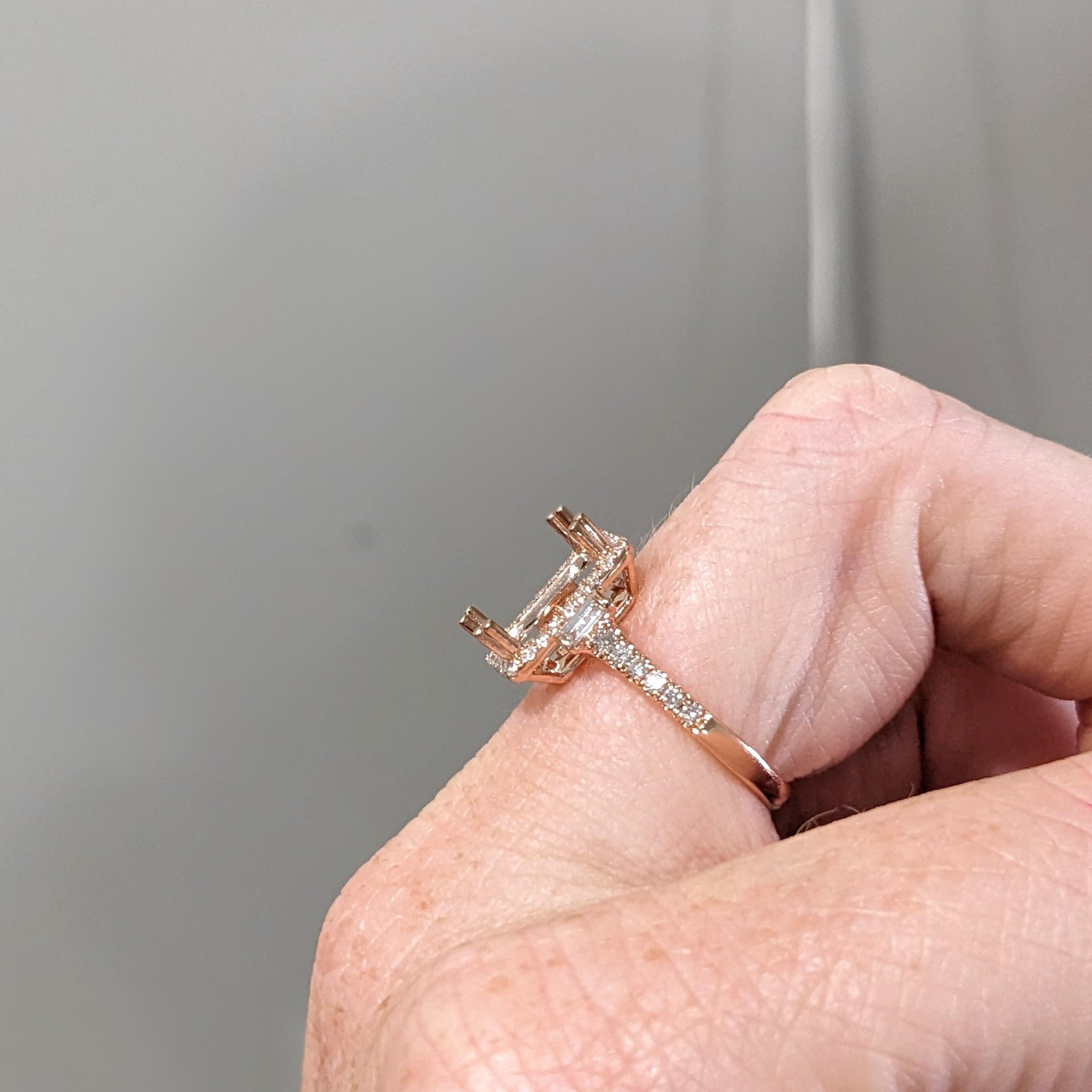 Ring Semi Mount w Earth Mined Diamonds in Solid 14K Gold | Emerald cut 9.5x7mm