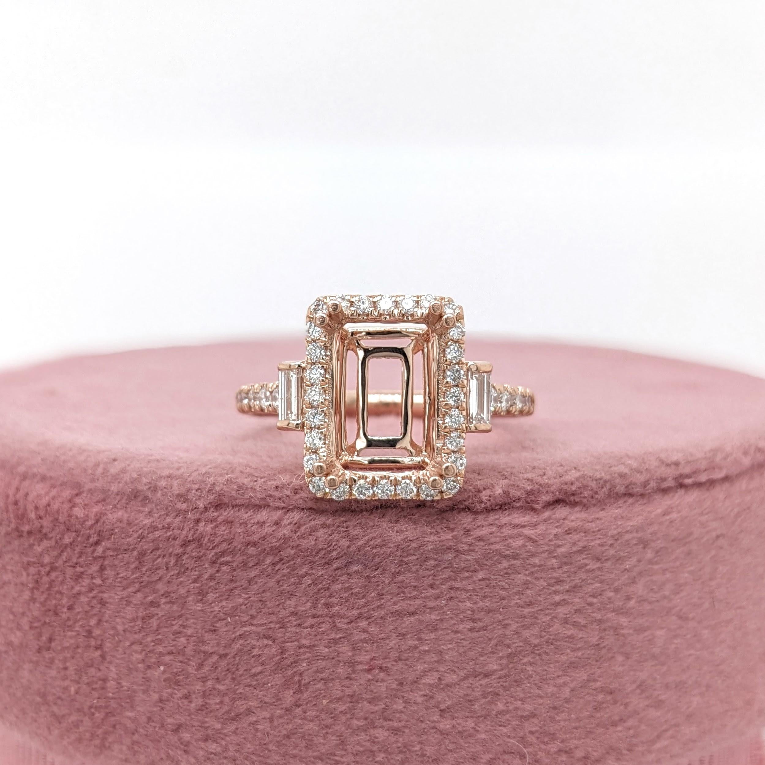 Ring Semi Mount w Earth Mined Diamonds in Solid 14K Gold | Emerald cut 9.5x7mm