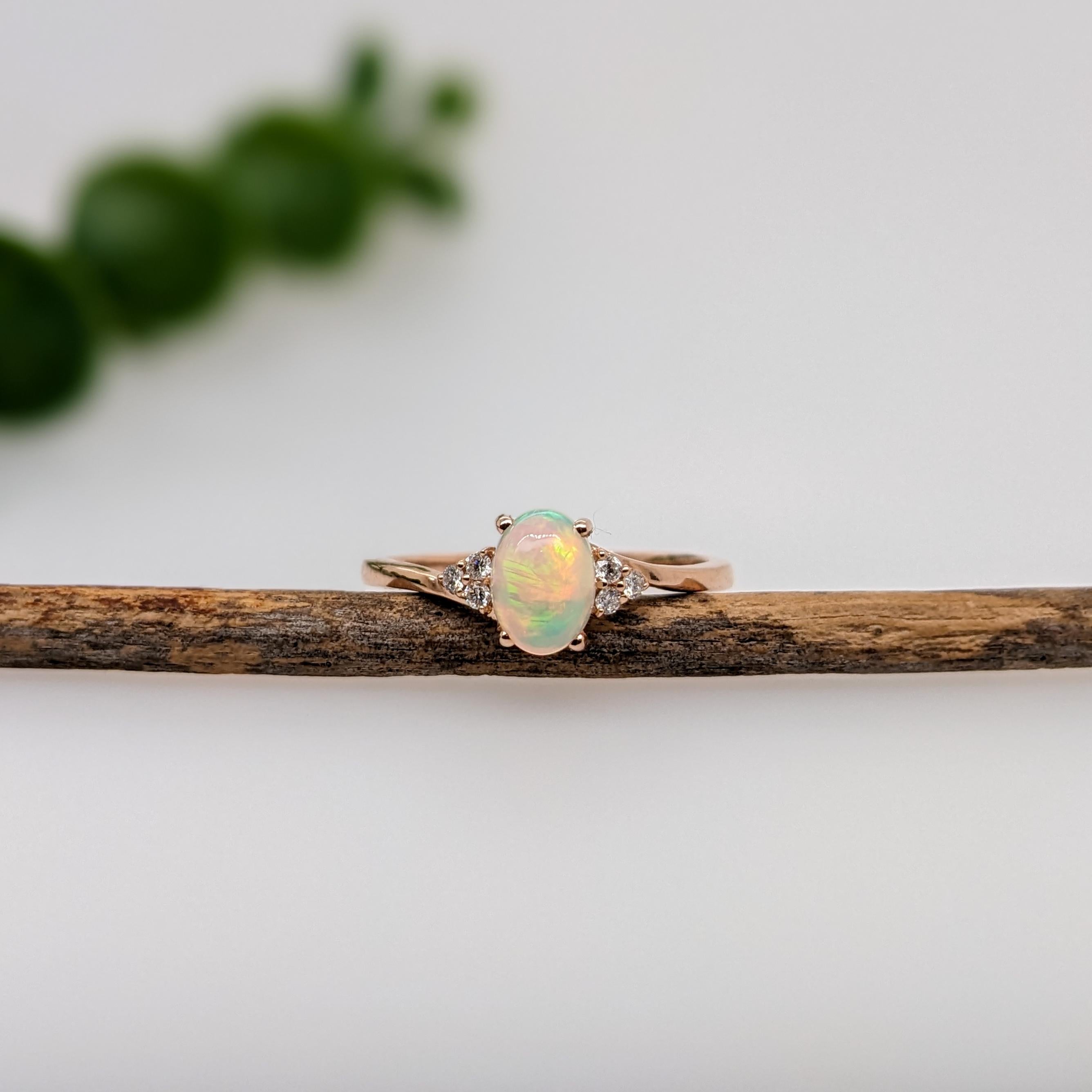 Opal Ring w Earth Mined Diamonds in Solid 14K Gold | Oval 7x5mm