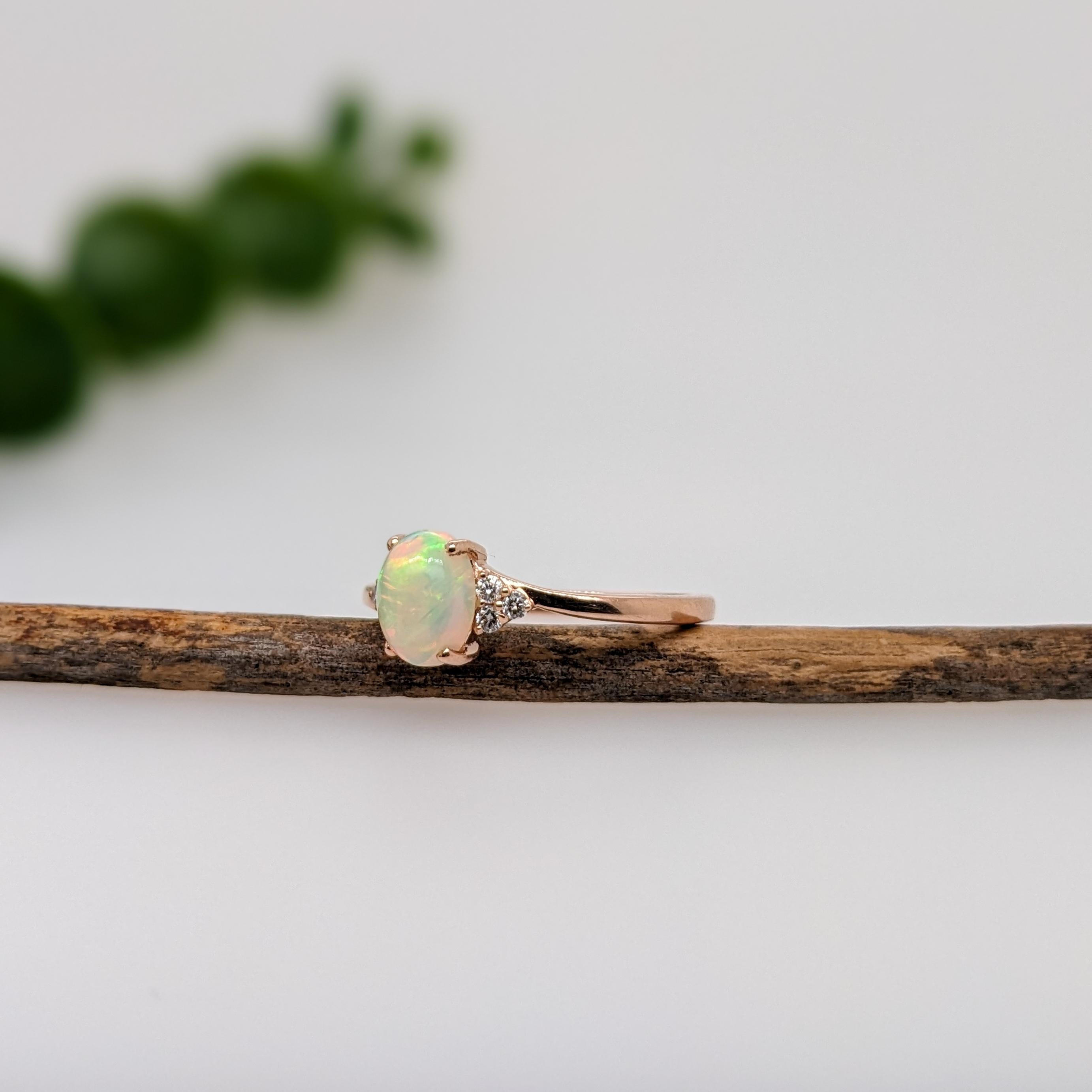 Opal Ring w Earth Mined Diamonds in Solid 14K Gold | Oval 7x5mm