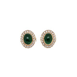 Emerald Stud Earrings w Earth Mined Diamonds in Solid 14K Yellow Gold | Oval 8x6mm