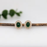 Emerald Stud Earrings w Earth Mined Diamonds in Solid 14K Yellow Gold | Oval 8x6mm