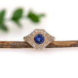 Tanzanite Ring w Earth Mined Diamonds in Solid 14K Yellow Gold | Round 6mm