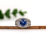 Intricate Design Tanzanite Ring w Diamond Accents in 14K White Gold | Round 9mm