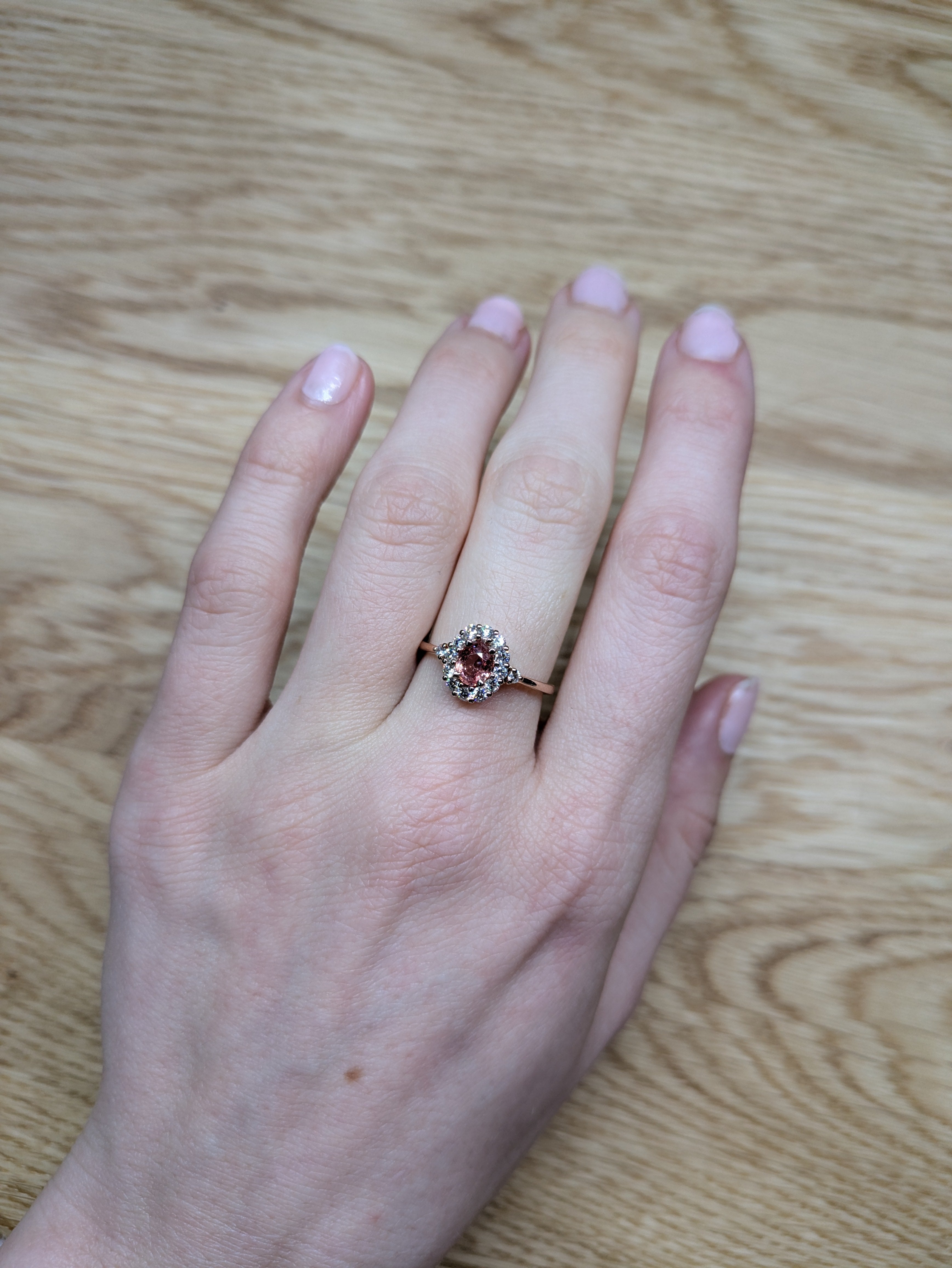 Pink Morganite Ring w Natural Diamond halo in Solid 14K Rose Gold | Oval 7x5mm