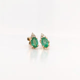 Emerald Stud Earrings w Earth Mined Diamonds in Solid 14K Gold | Oval 7x5mm