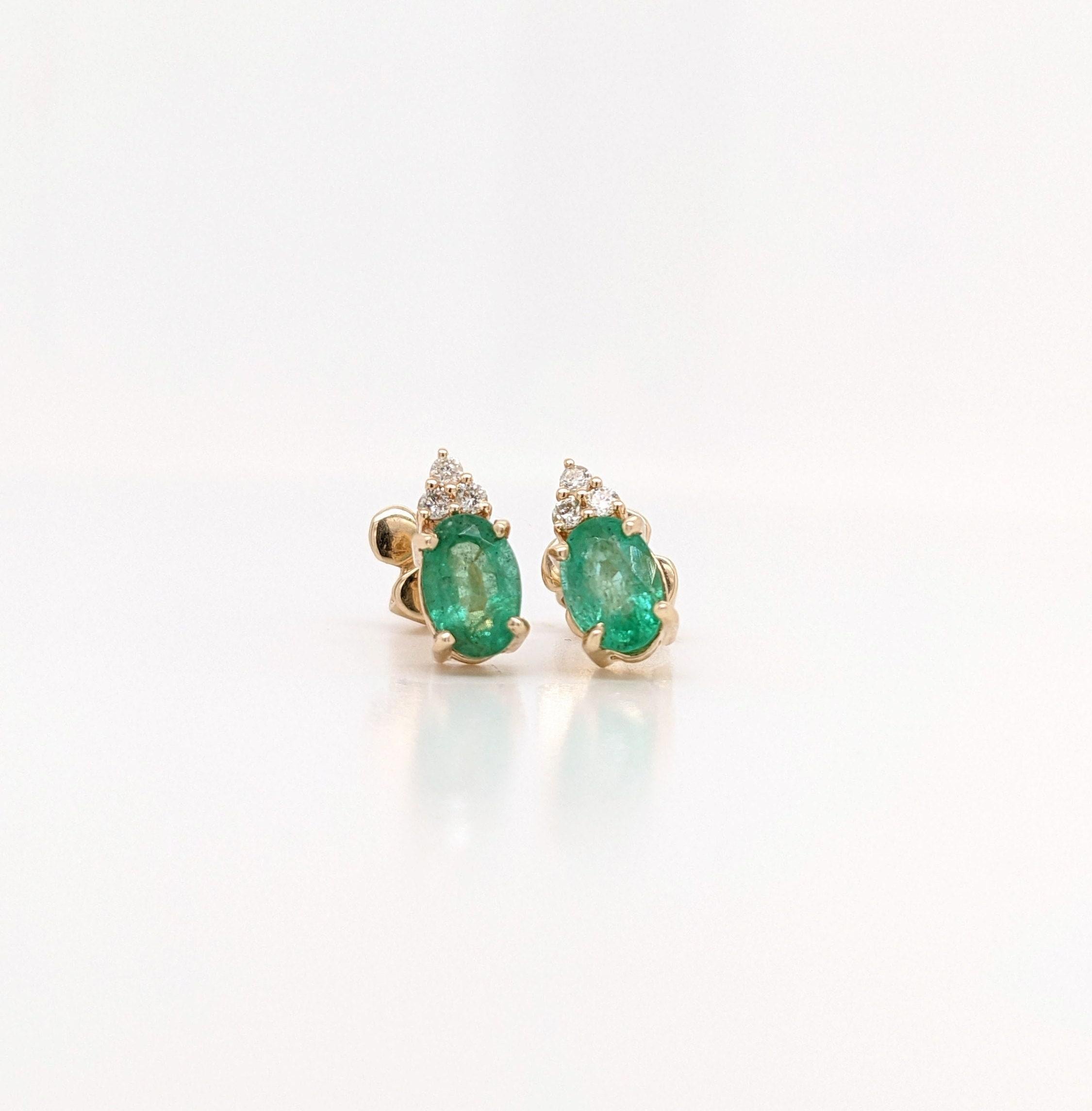 Emerald Stud Earrings w Earth Mined Diamonds in Solid 14K Gold | Oval 7x5mm