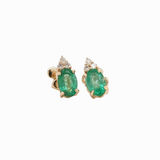 Emerald Stud Earrings w Earth Mined Diamonds in Solid 14K Gold | Oval