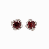 Red Garnet Stud Earrings with Cushion Diamond Halo in 14k White Gold | Rhodolite Earrings