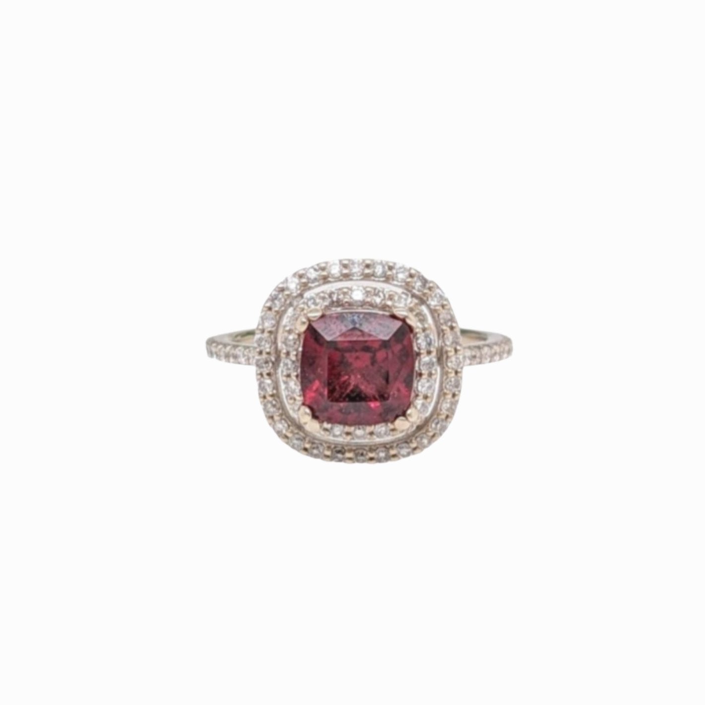 1.8ct Rhodolite Ring w Earth Mined Diamonds in Solid 14k White Gold Cushion 6mm