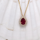 Angel Ruby Pendant w Natural Earth Mined Diamond Halo in 14K Solid Gold | Pear Shape 7x5mm | Customizable