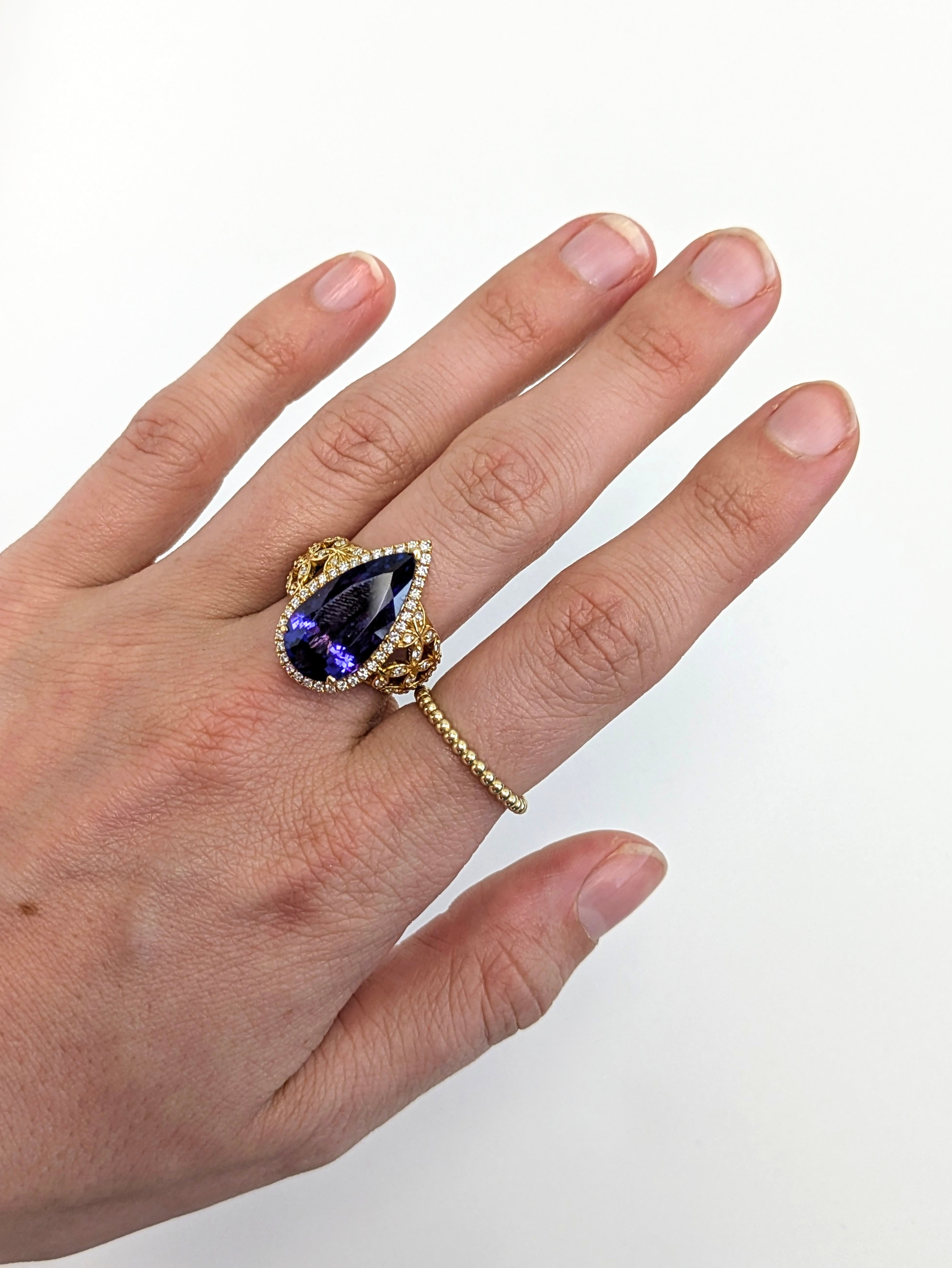 Previously Loved 18K Yellow Gold 9.7cts Tanzanite Diamond Ring | Pear Shape 20x11mm