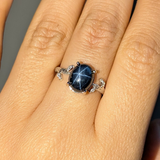 3.7ct Star Sapphire Ring w Natural Diamond Accents in Solid 14K Gold | OV 10x8mm