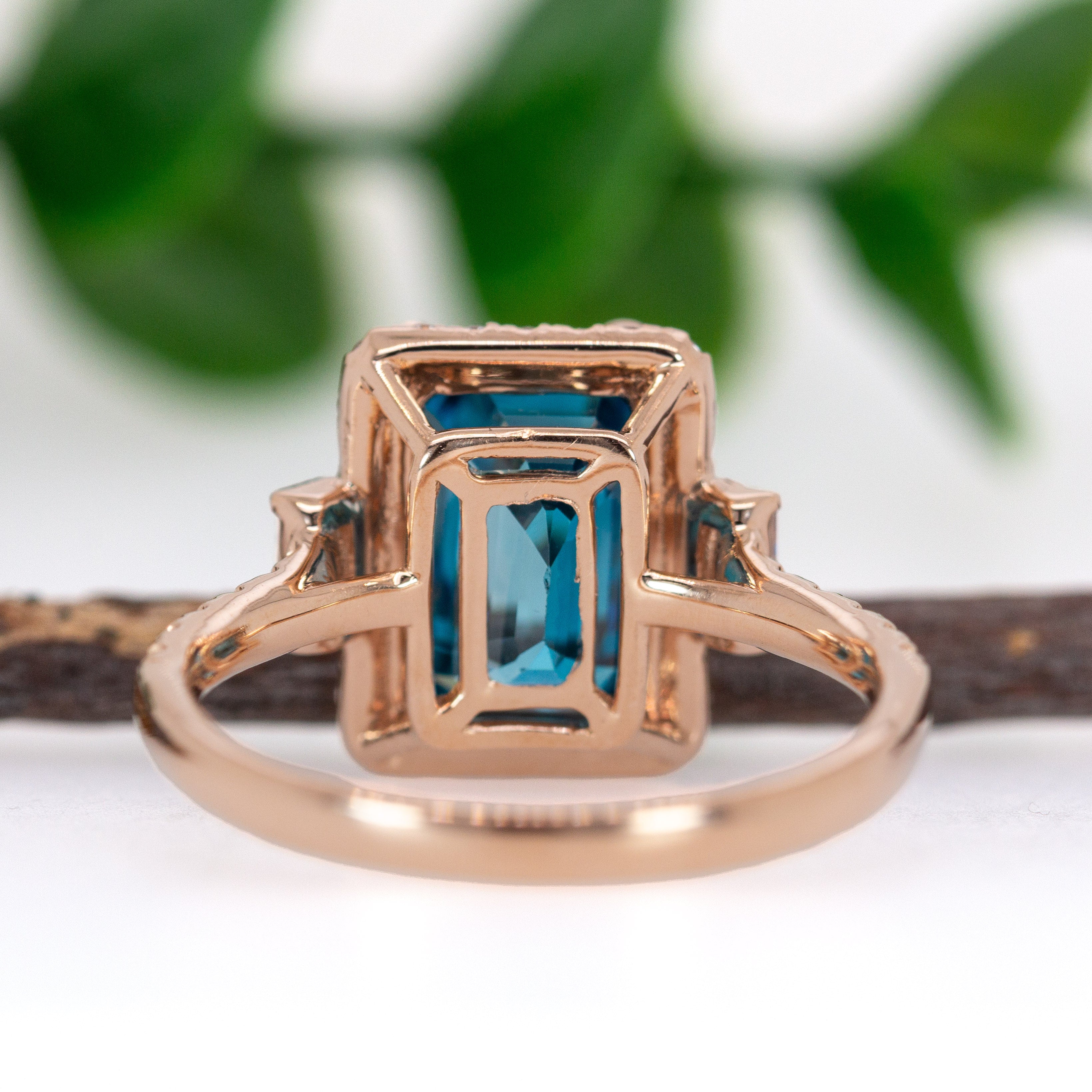 Tanvi 14K Rose Gold 6.68cts Blue Zircon Diamond Ring | Emerald Cut 9.5x7mm