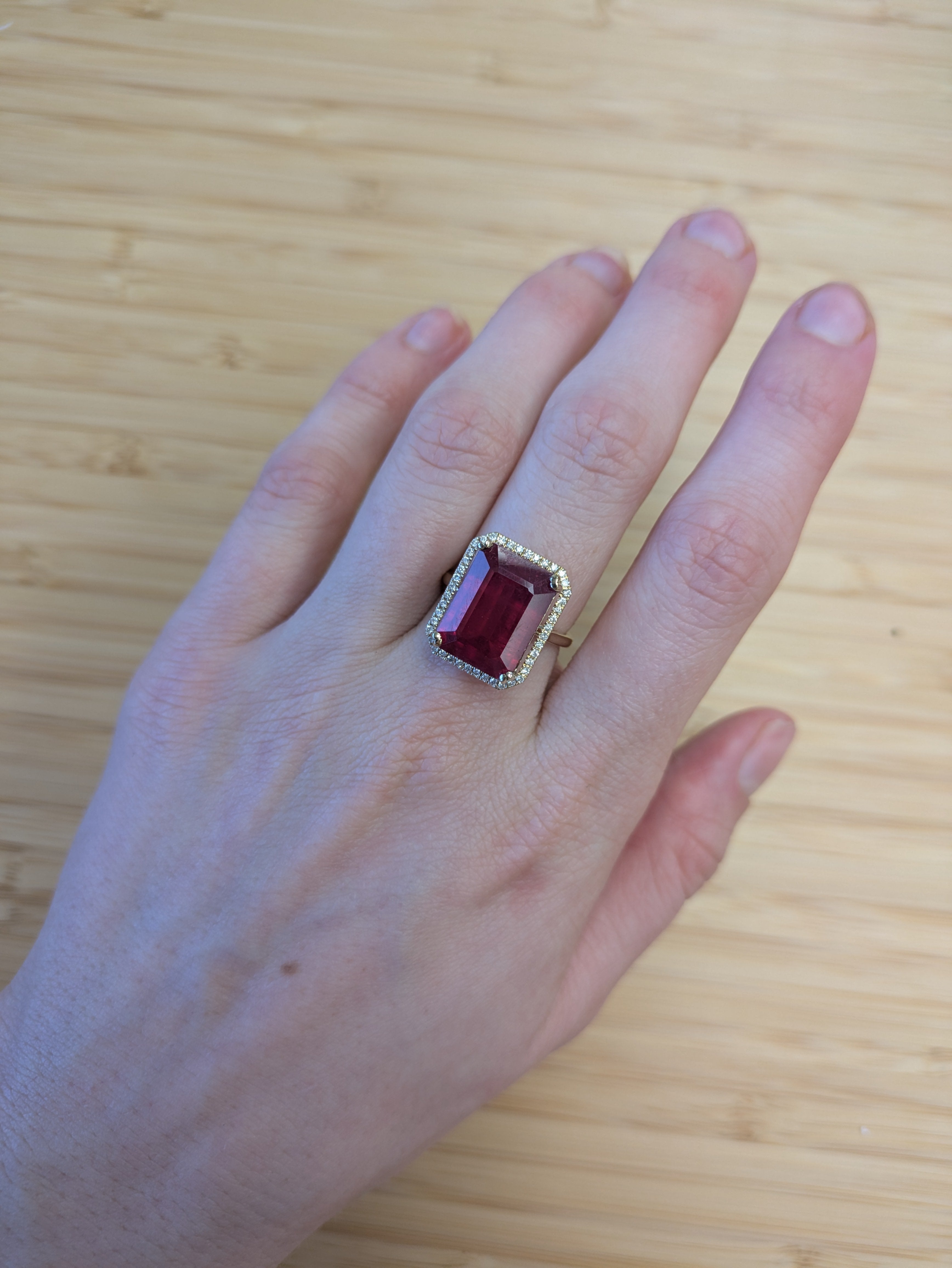 Aadhira 14K Yellow Gold 11.53cts Madagascar Ruby Diamond Ring | Emerald Cut 14x11mm