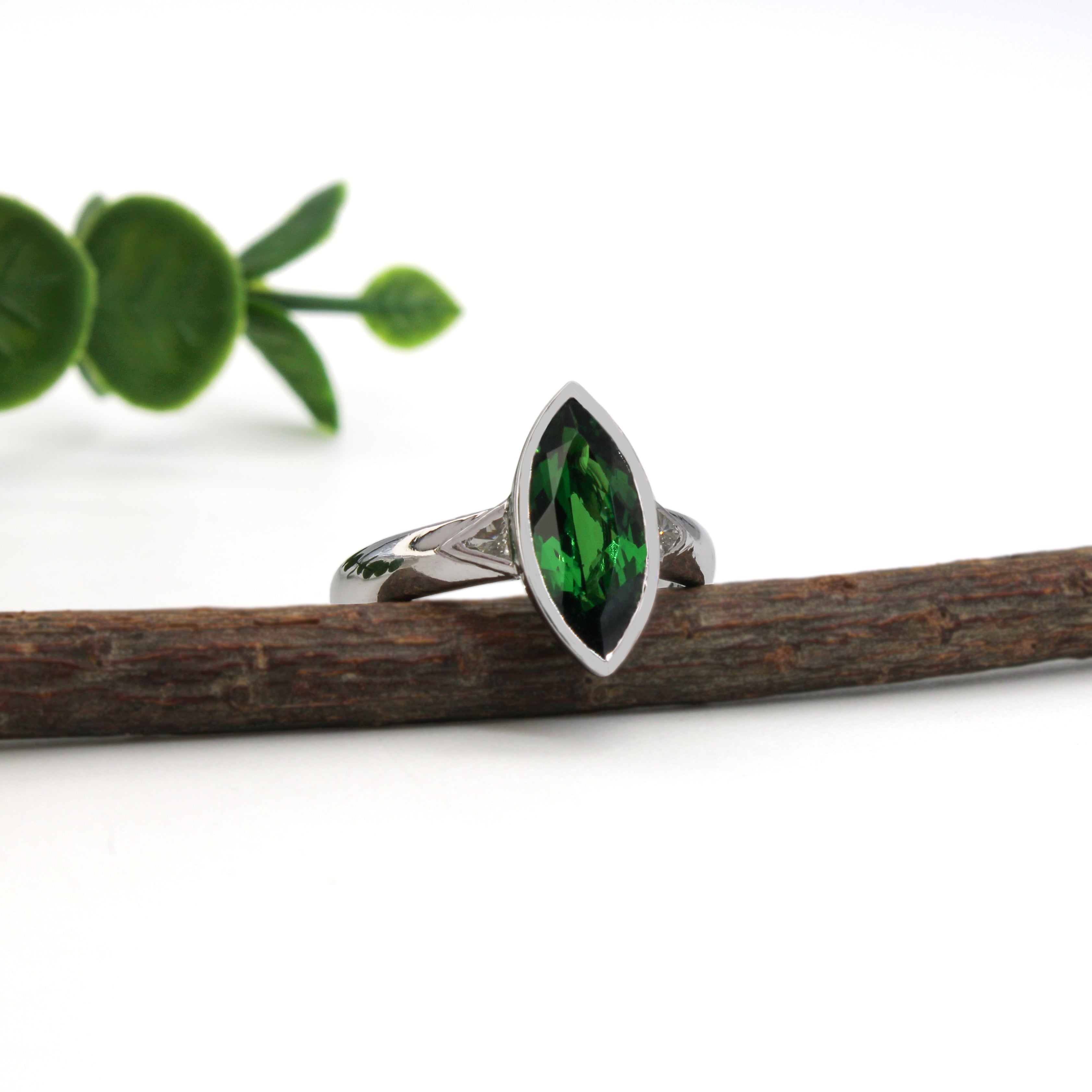 Saksha 14K White Gold 2.84cts Tsavorite Diamond Engagement Ring | Marquise 14X6.5mm