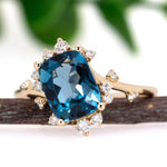 Llyas 14K Yellow Gold 2.55cts London Blue Topaz Diamond Ring | Cushion 9x7mm