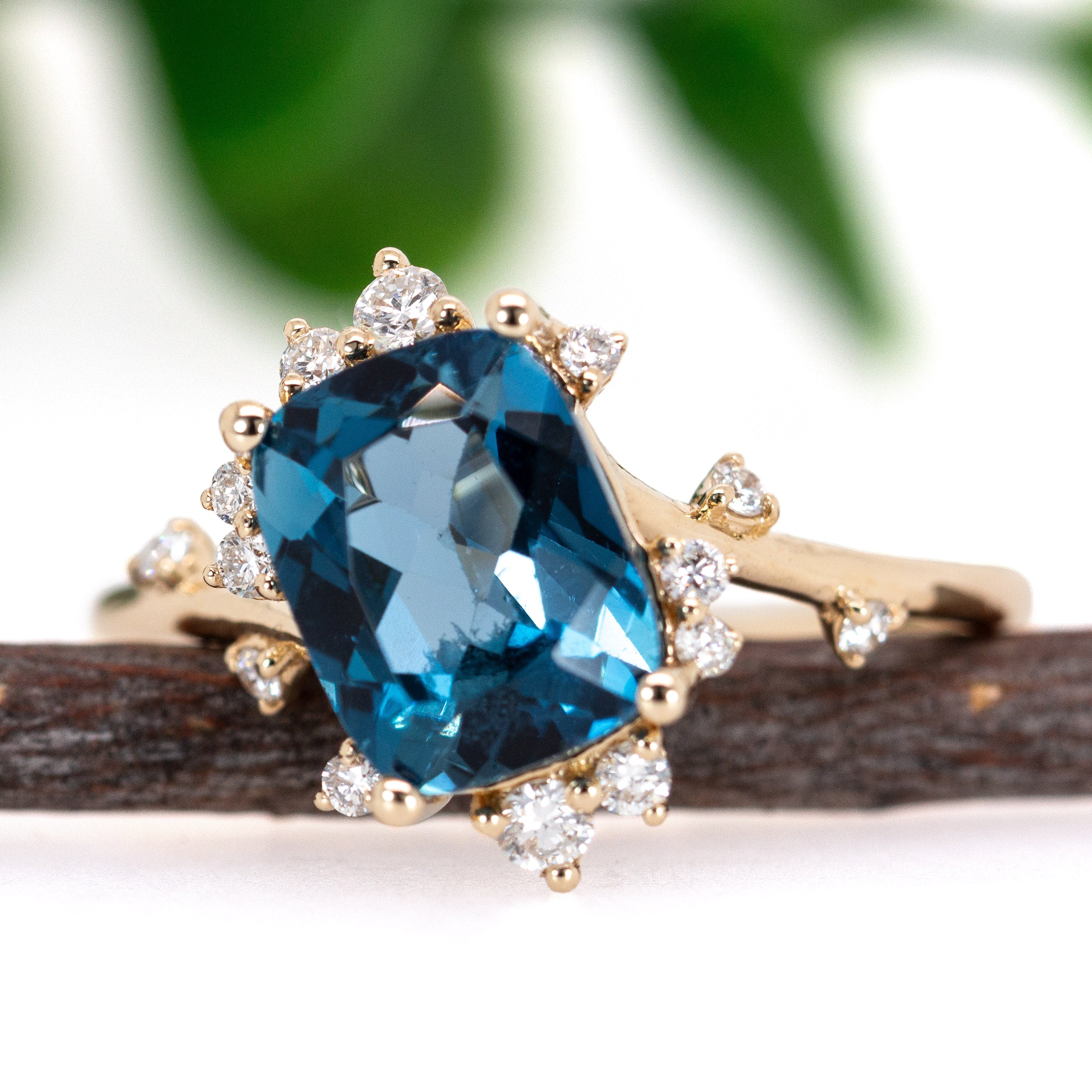 Llyas 14K Yellow Gold 2.55cts London Blue Topaz Diamond Ring | Cushion 9x7mm
