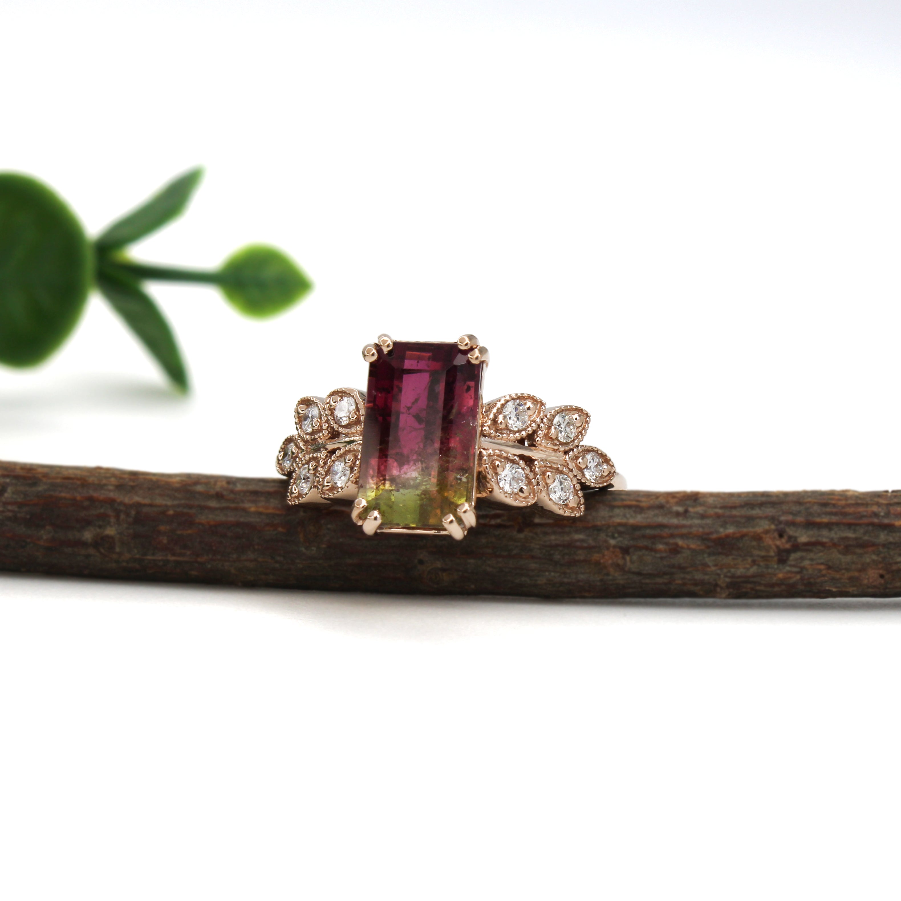 adny 14k rose gold 2.61cts bi-color tourmaline diamond ring | emerald cut 10.3x6.2mm