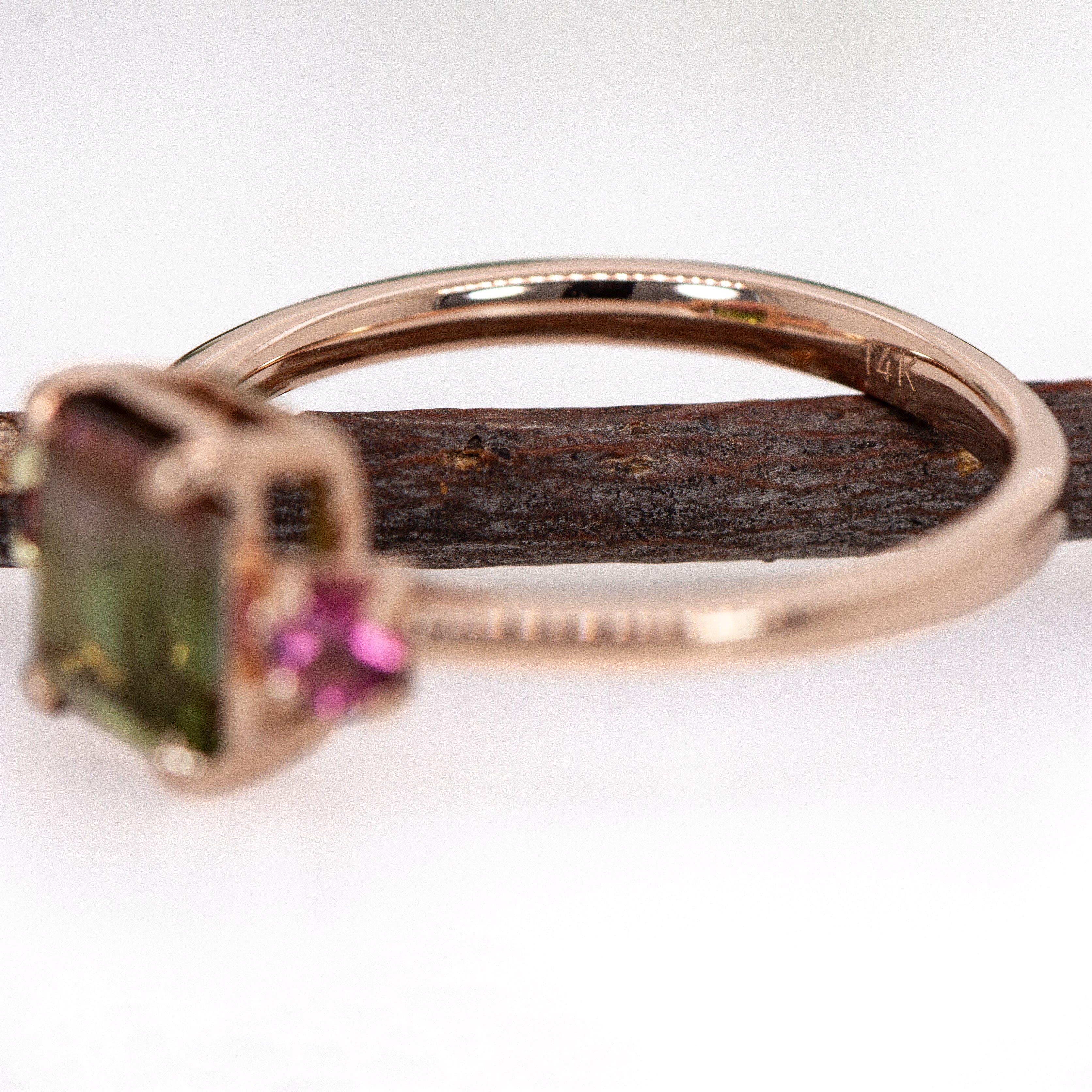 Avila 14K Rose Gold 3.55cts Bi-color Tourmaline Diamond Ring w 3mm Pink Tourmaline Accents | Emerald Cut - 9x6mm