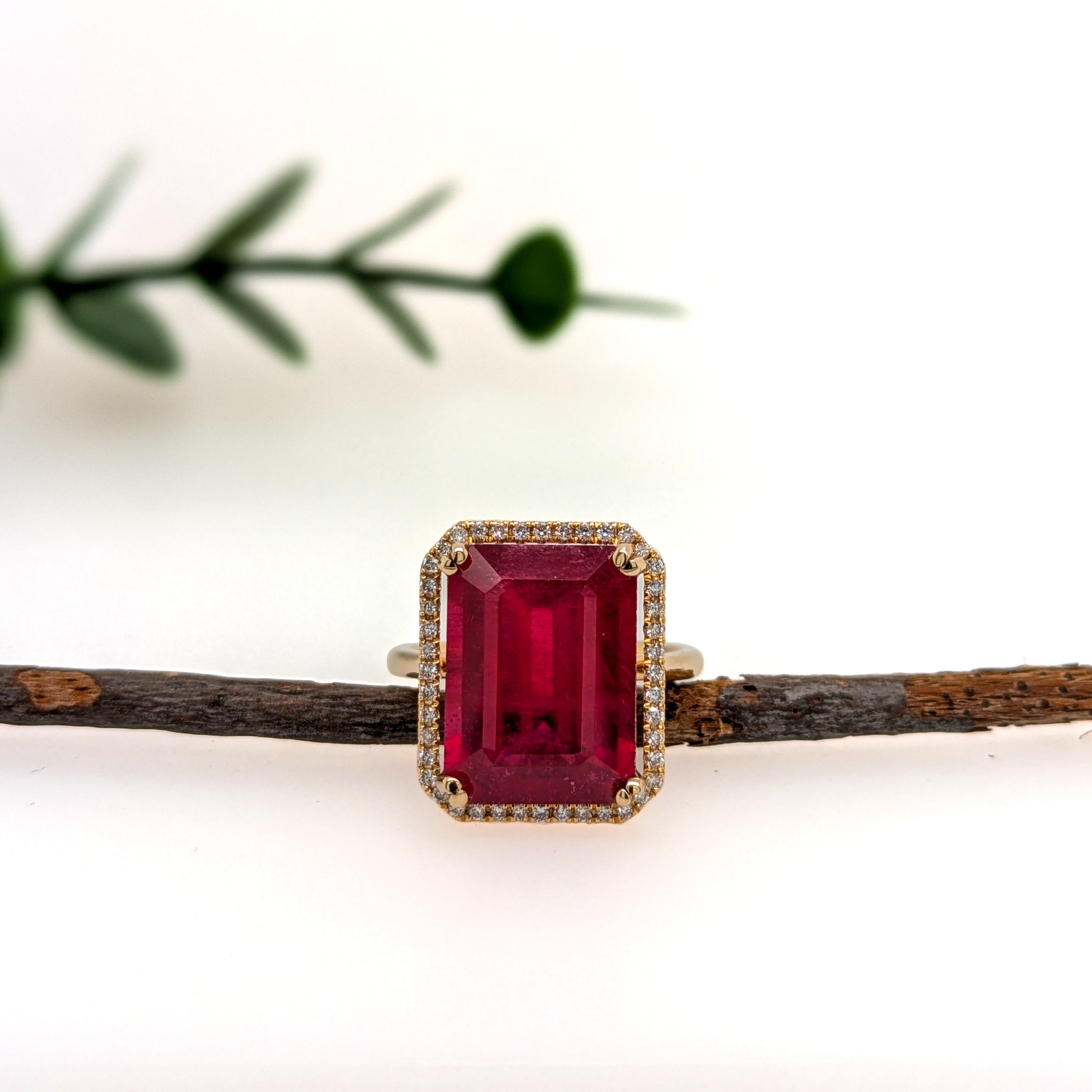 Aadhira 14K Yellow Gold 11.53cts Madagascar Ruby Diamond Ring | Emerald Cut 14x11mm