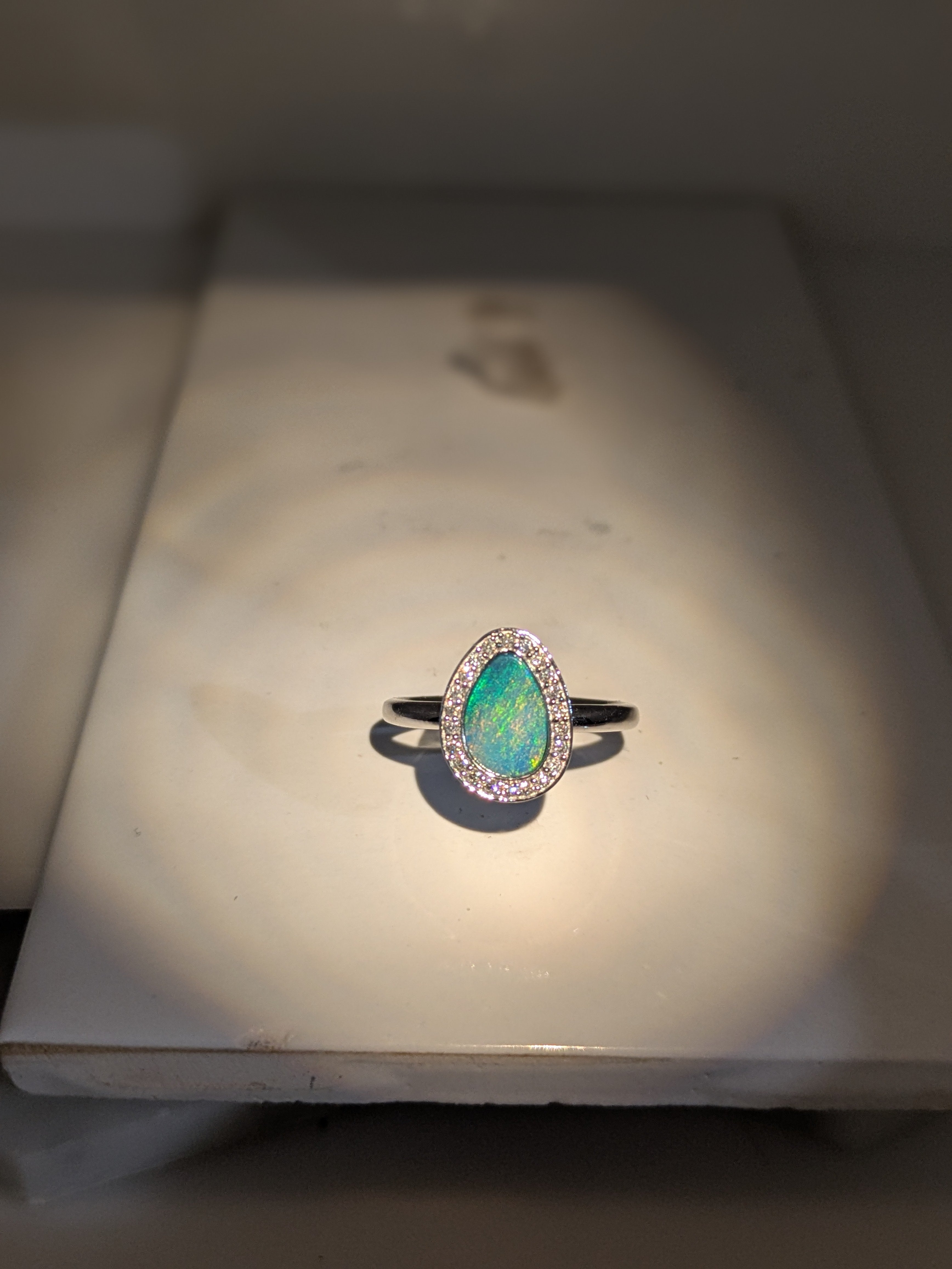 elysia 14k white gold 1.08cts boulder opal diamond ring | fancy shape 9x7mm