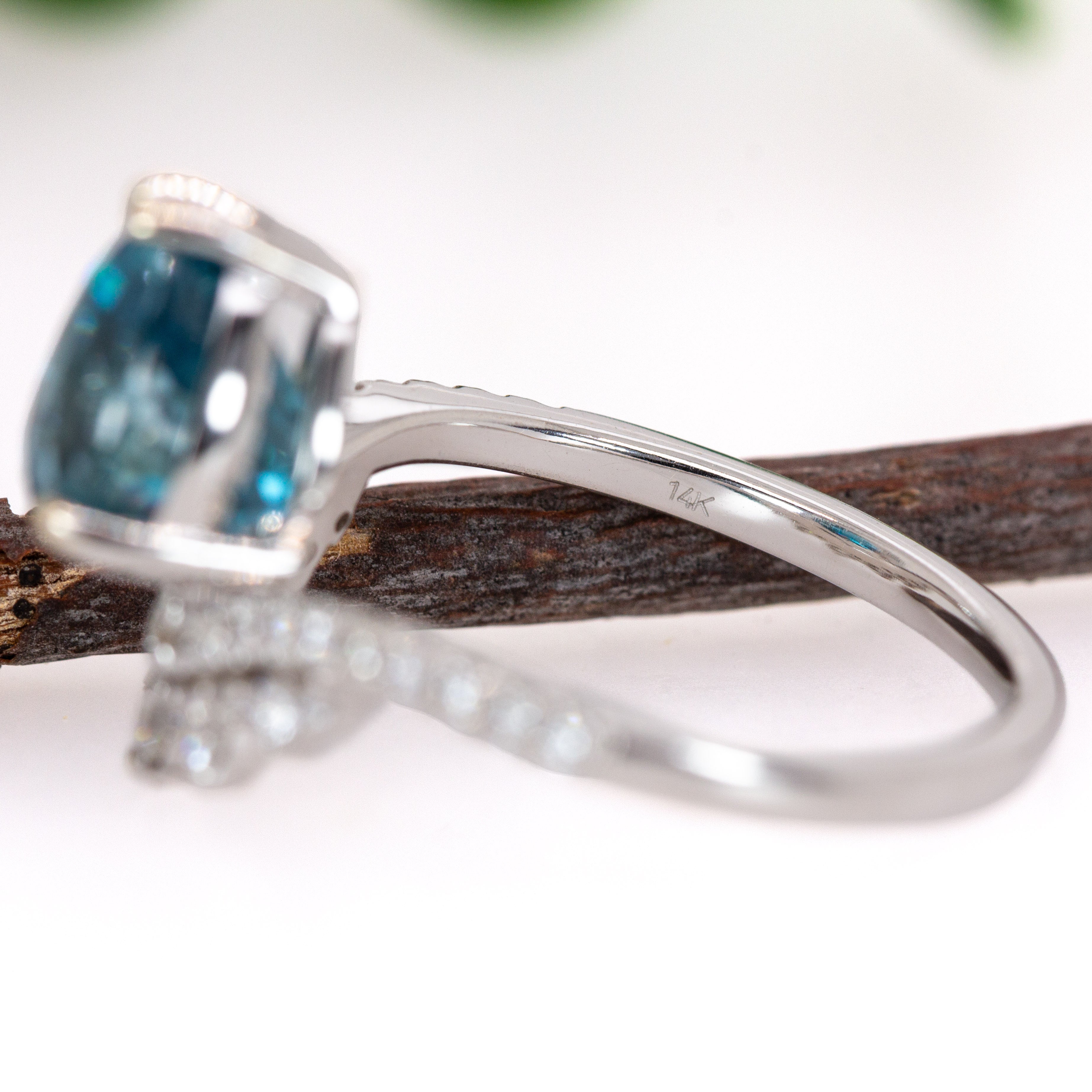 Anu 14K White Gold 3.78cts Blue Zircon Diamond Ring | Pear Shape 9x7mm