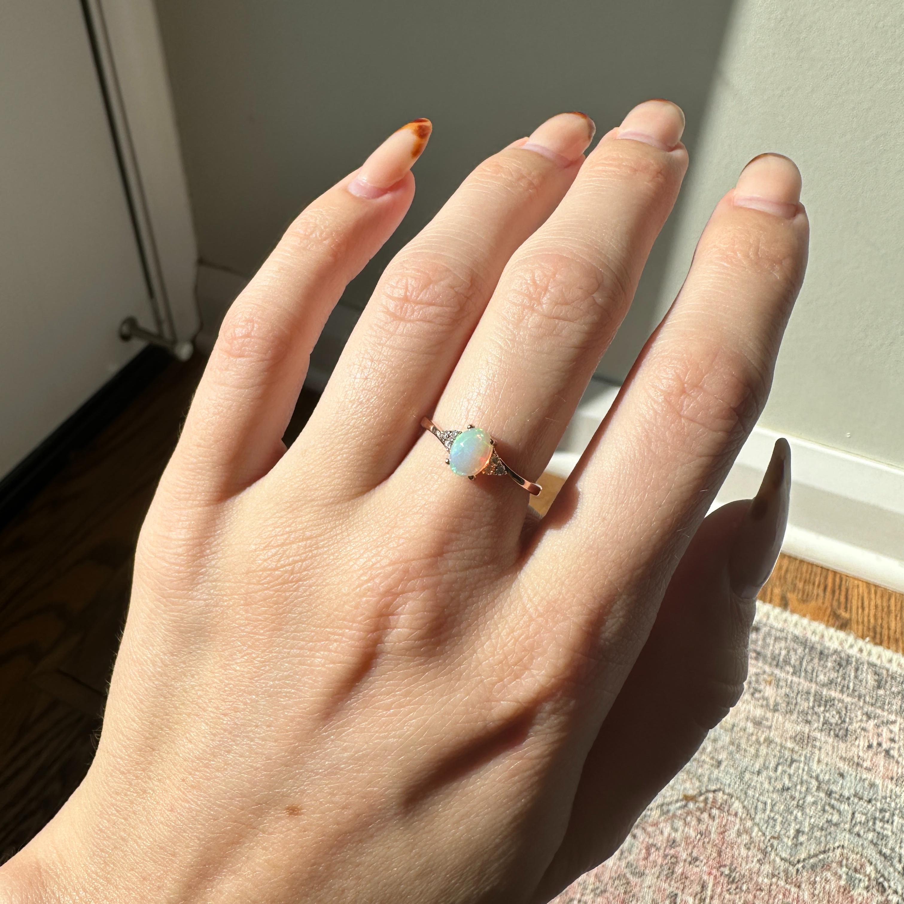 Opal Ring w Earth Mined Diamonds in Solid 14K Gold | Oval 7x5mm