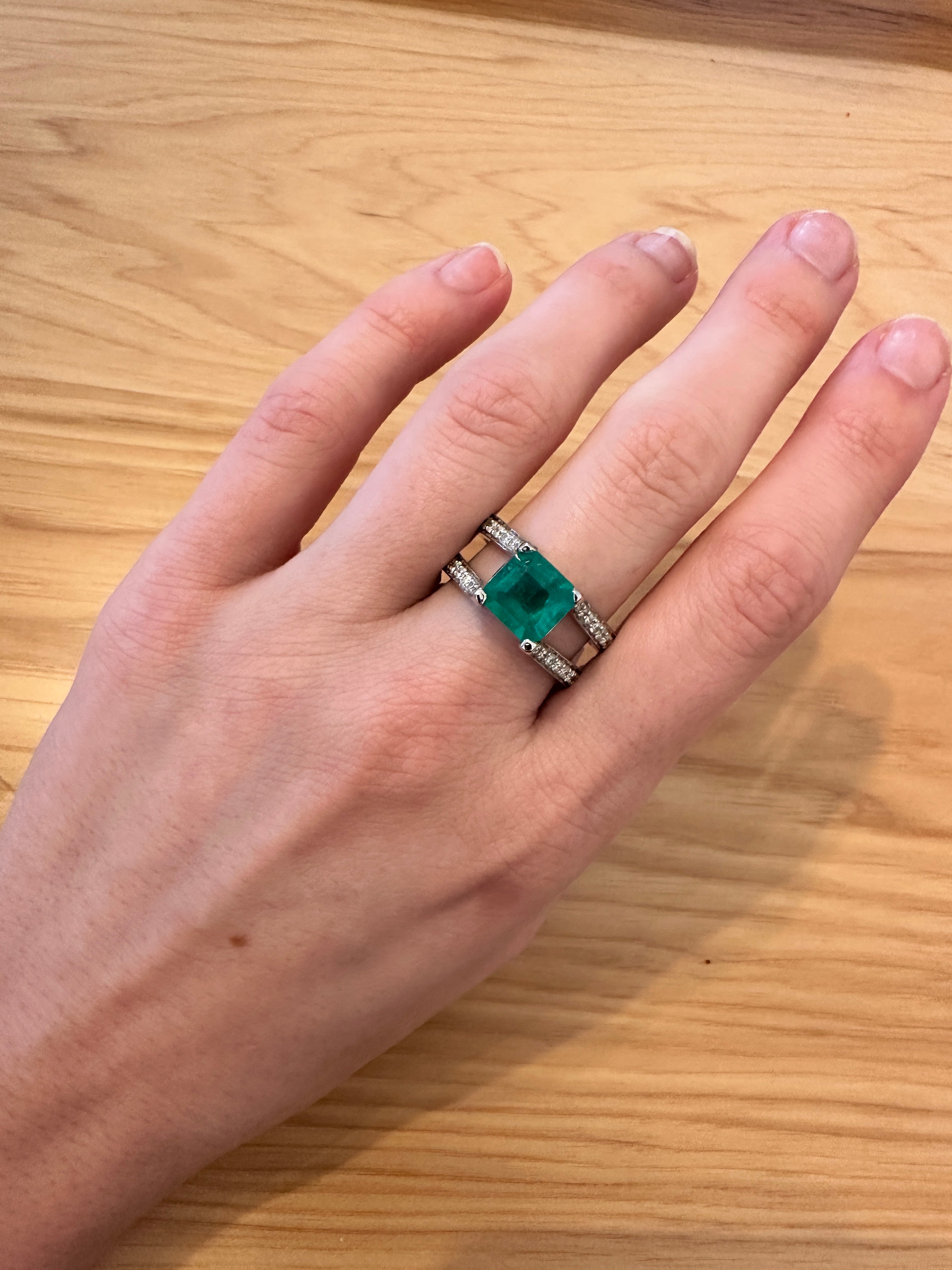 Alena 14K White Gold 2.27cts Colombian Emerald Diamond Ring | Asscher 9mm