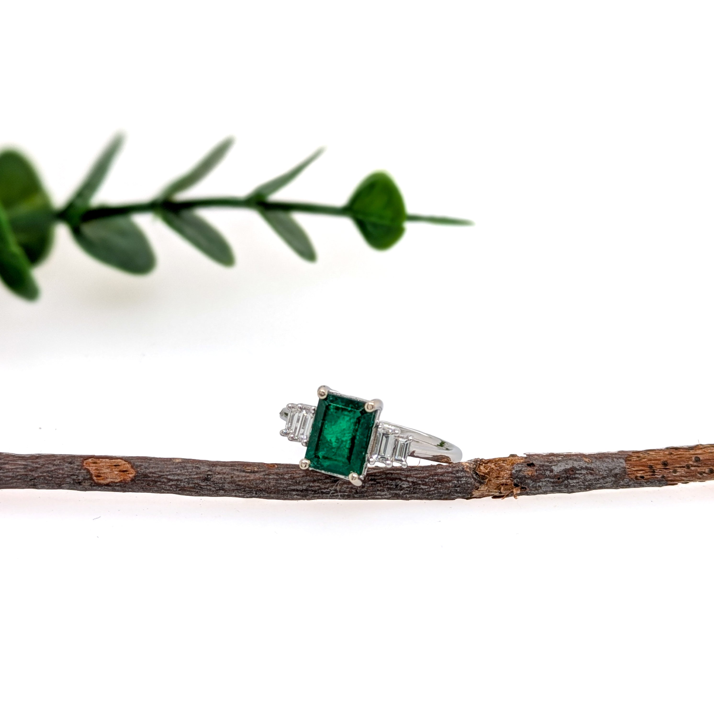 Femila 14K White Gold 1.5cts Zambian Emerald Diamond Ring | Emerald Cut 8x6mm