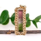 10ct Watermelon Tourmaline Pendant 14K Yellow Gold with Natural Earth Mined Diamonds | EM 26.5x8mm
