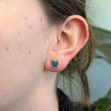 Erin 14K Solid Gold Cambodian Blue Zircon Solitaire Studs | Asscher Cut 6mm