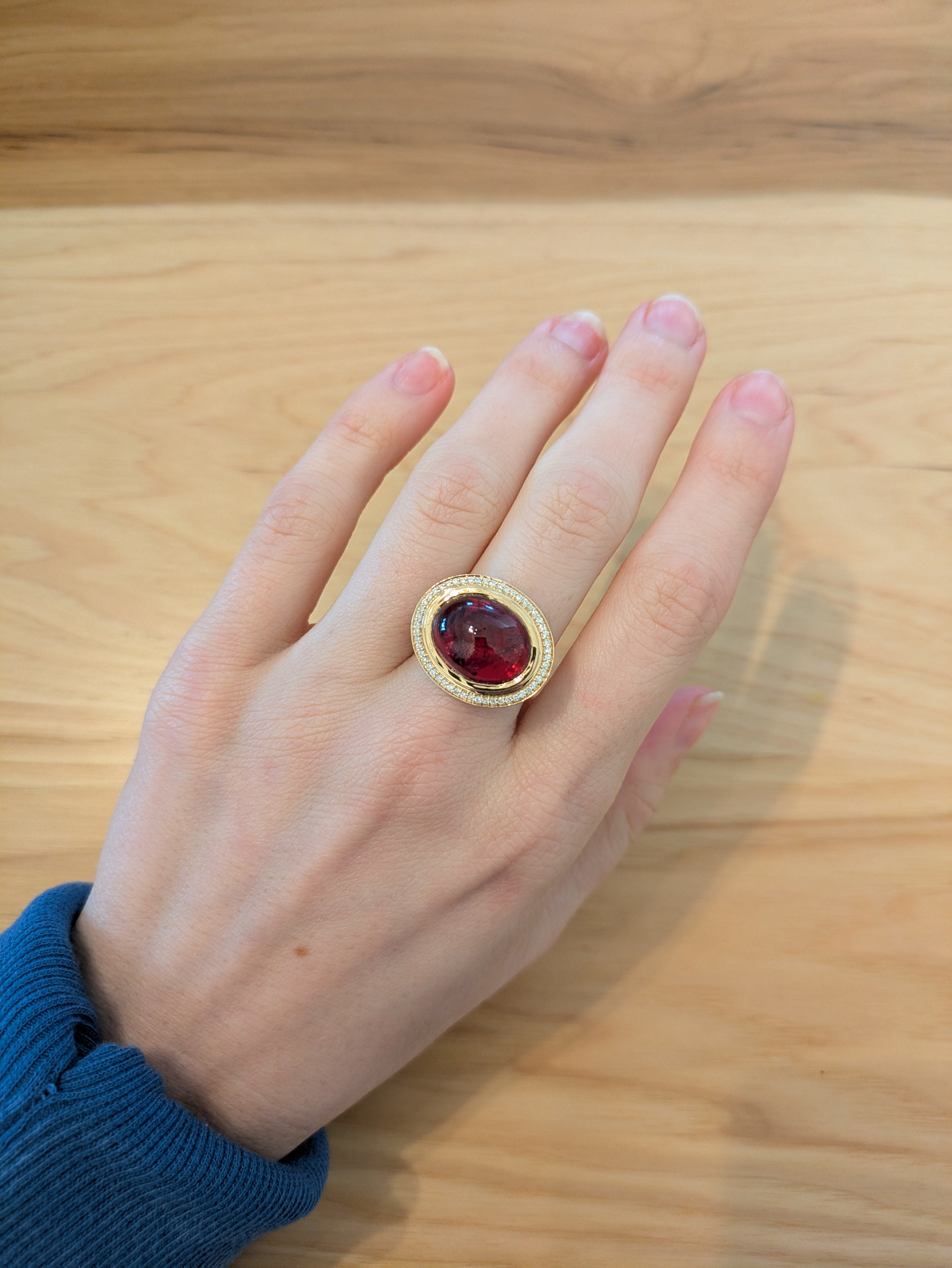 Mona 14K Yellow Gold 11.3cts Rubellite Tourmaline Diamond Halo Ring | Oval 16.5x13mm