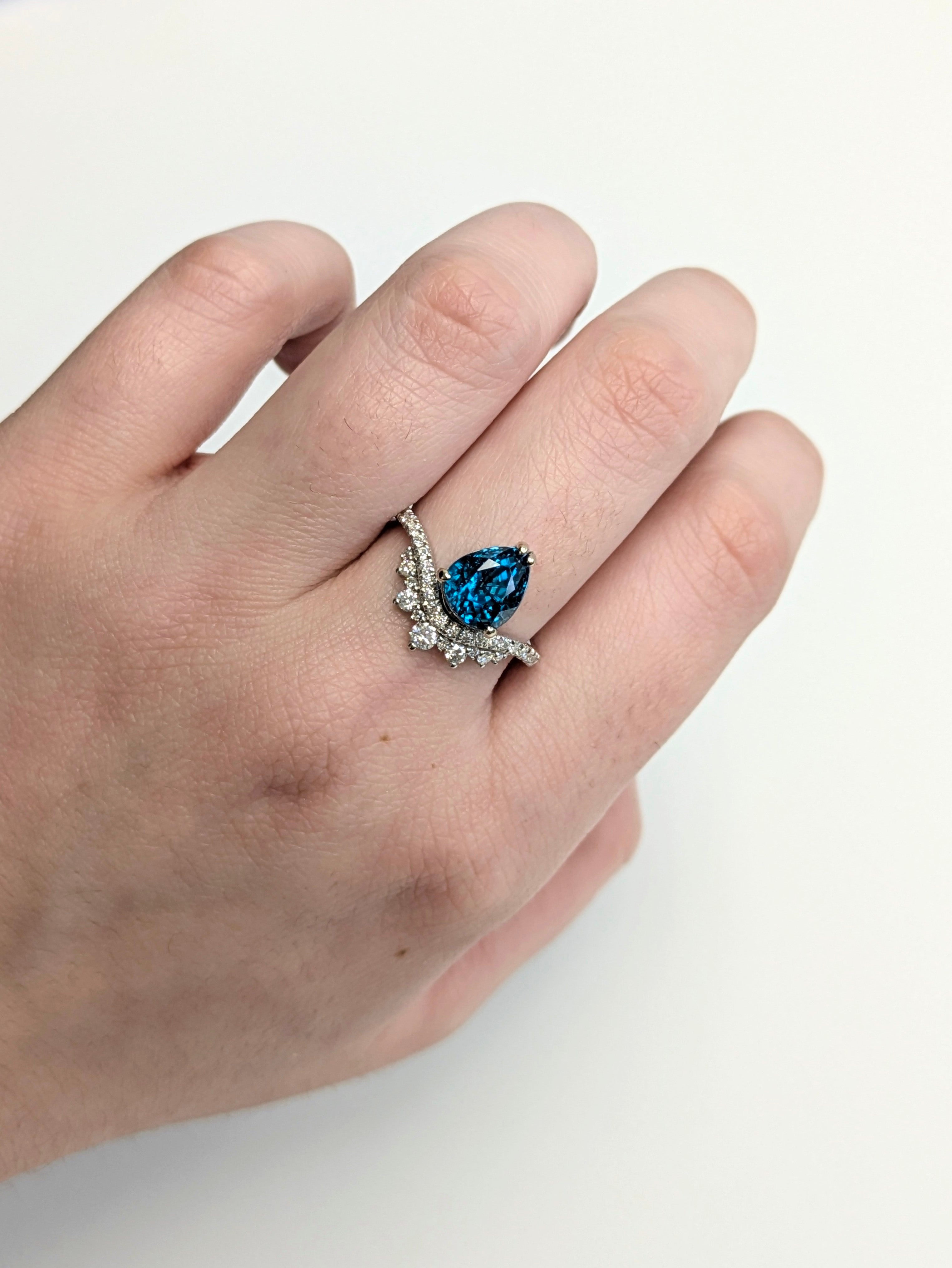 Anu 14K White Gold 3.78cts Blue Zircon Diamond Ring | Pear Shape 9x7mm