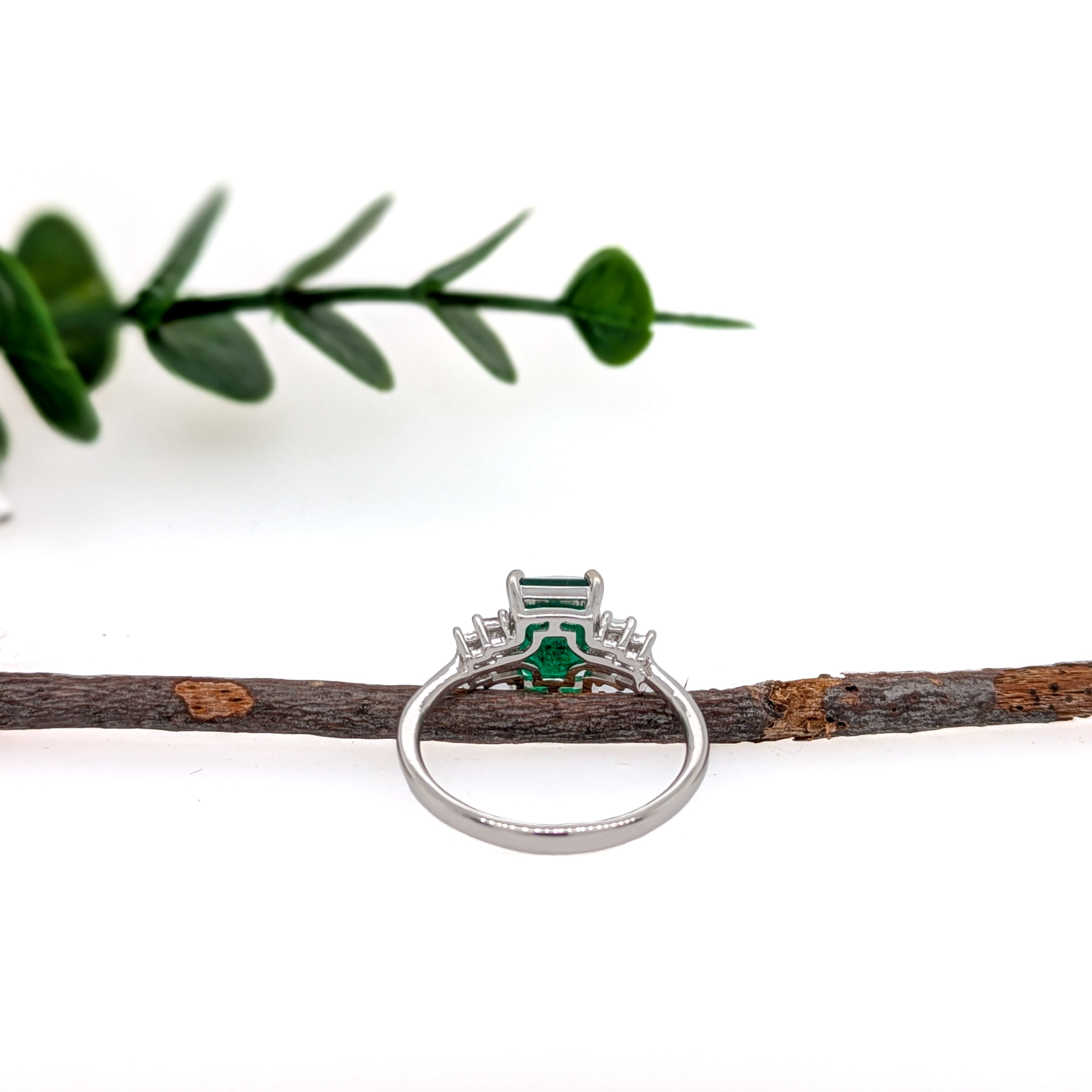 Femila 14K White Gold 1.5cts Zambian Emerald Diamond Ring | Emerald Cut 8x6mm