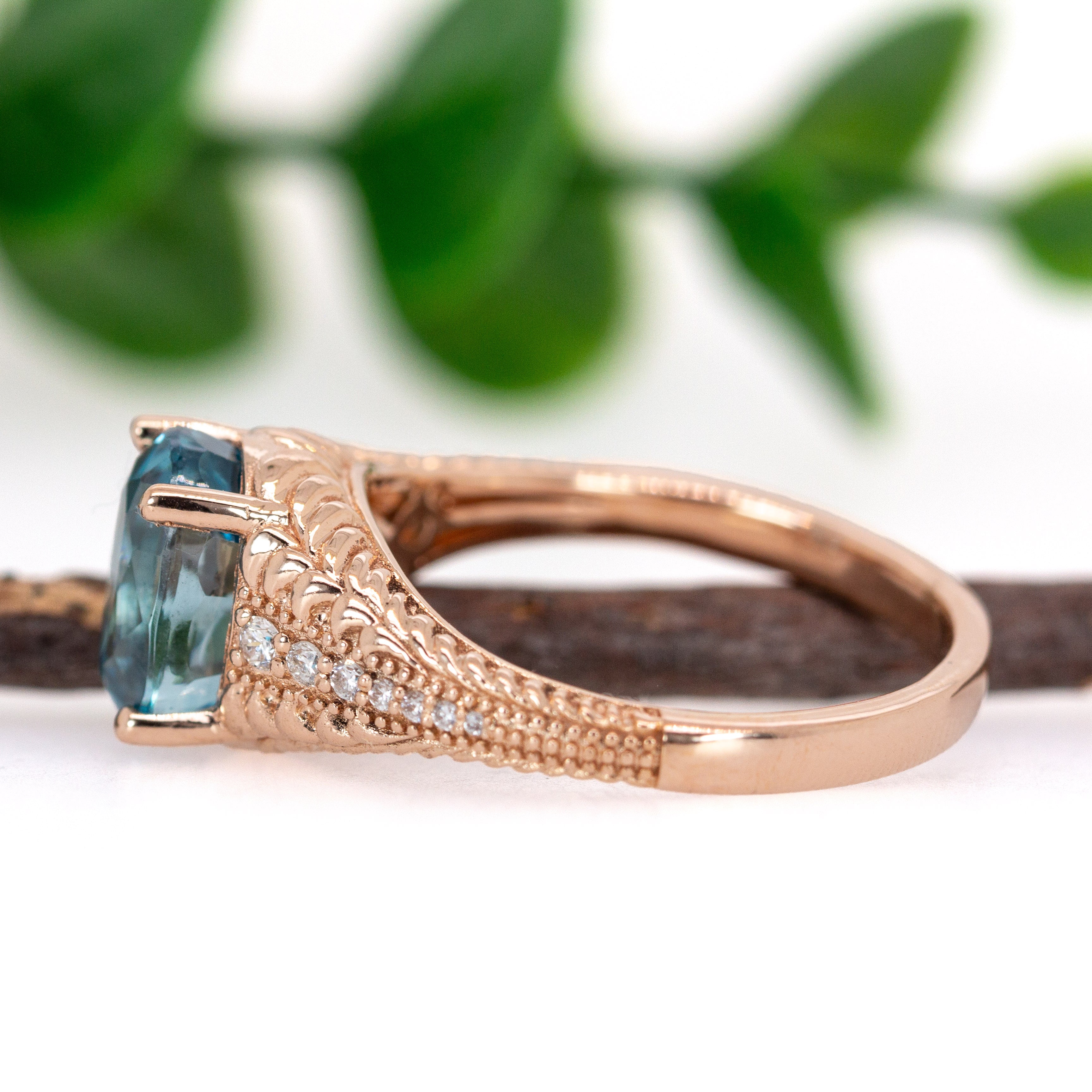 Indu 14K Rose Gold 4.73cts Blue Zircon Diamond Ring | Oval 9x7mm