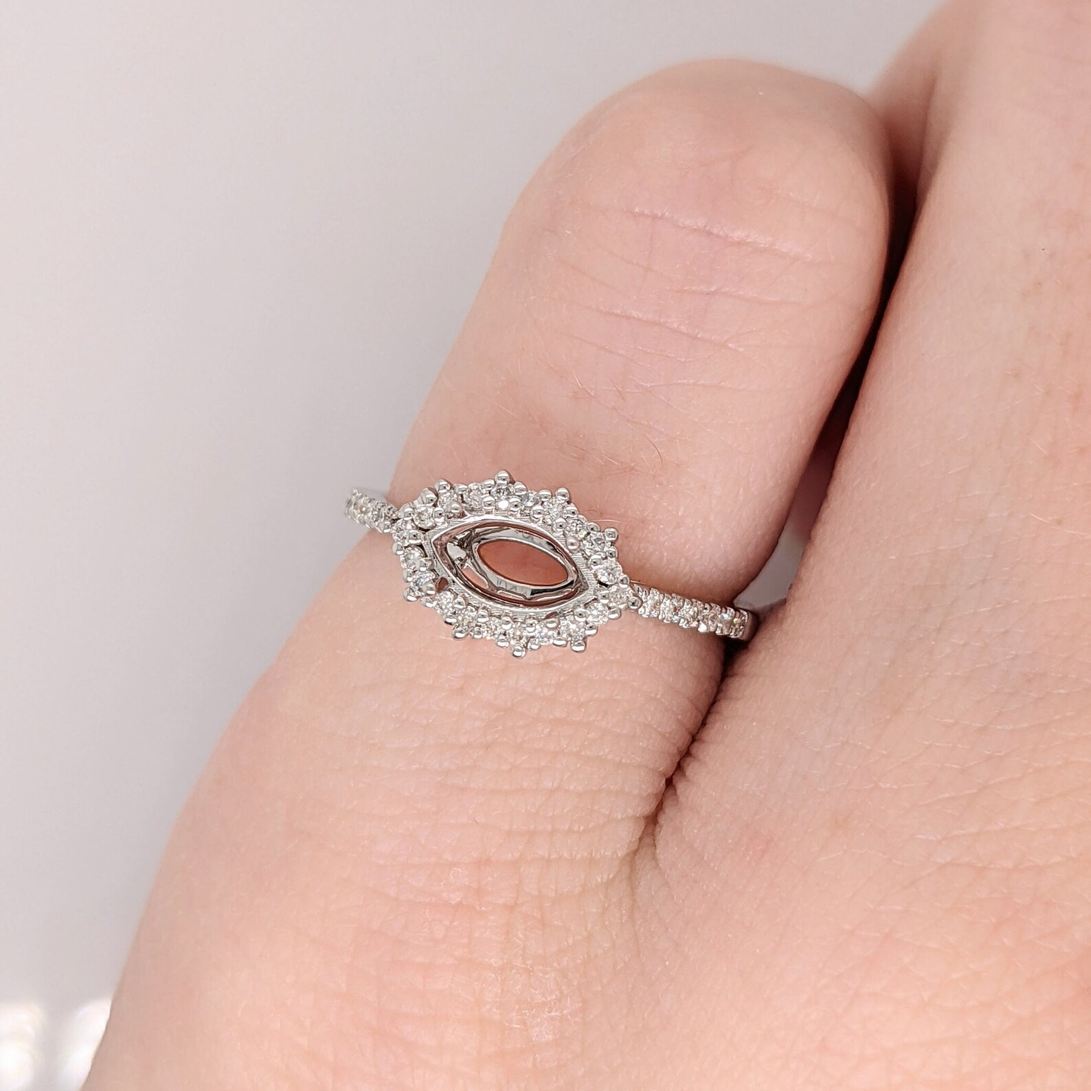 East West Marquise Diamond Halo Ring Semi mount in 14k Solid Gold Engagement Ring Setting Marquise Cut