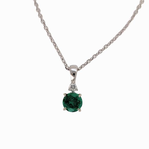 Emerald Pendant w an Earth Mined Diamond in Solid 14K White Gold Round 4mm