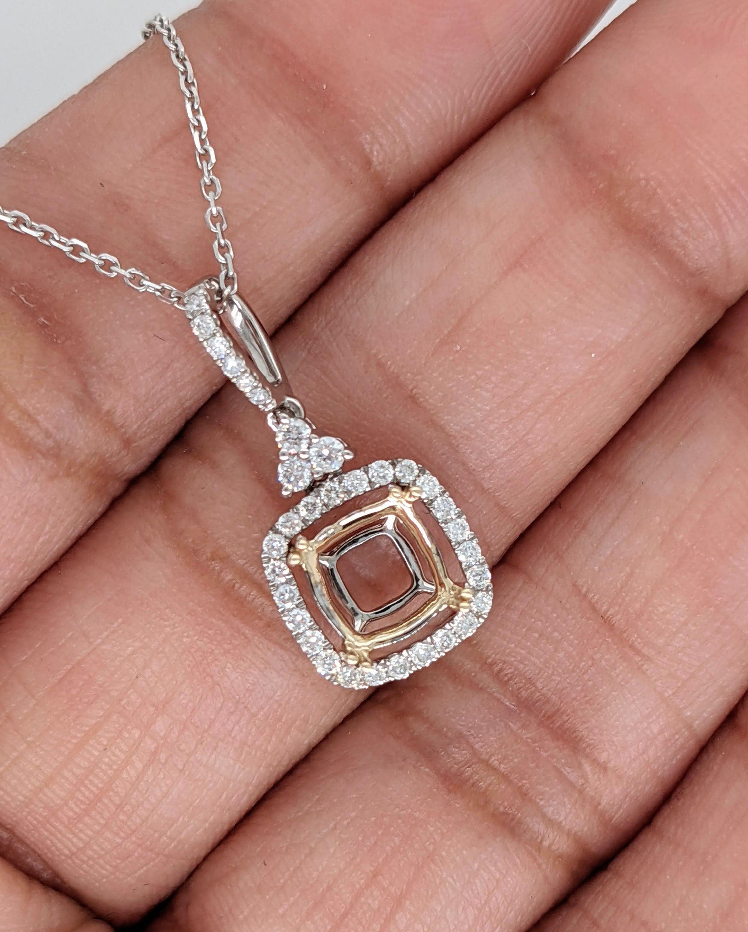 Pendants-Art Deco Pendant Setting W Natural Diamond Halo in 14K Solid Gold | Square Princess Cut 5mm 6mm 7mm 8mm 9mm 10mm 11mm | Customizable - NNJGemstones